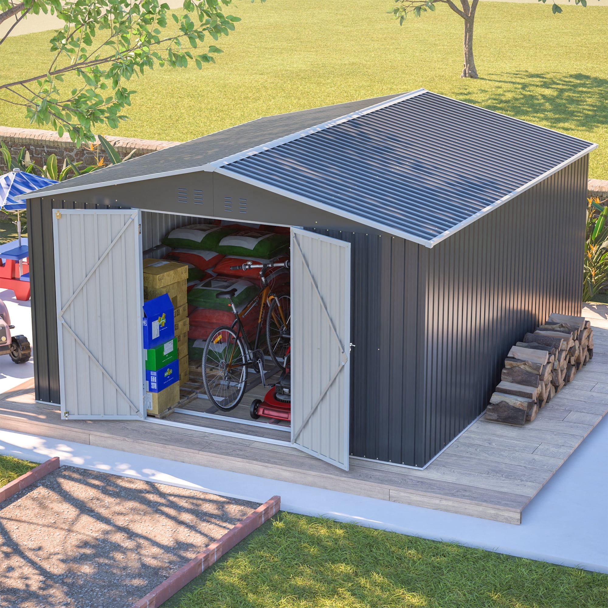 LZBEITEM Outdoor Storage Metal Shed, Galvanized Steel Garden Tool House with Floor Frame Kit and Lockable Doors (Gray, 11 x 13 ft) rda6a