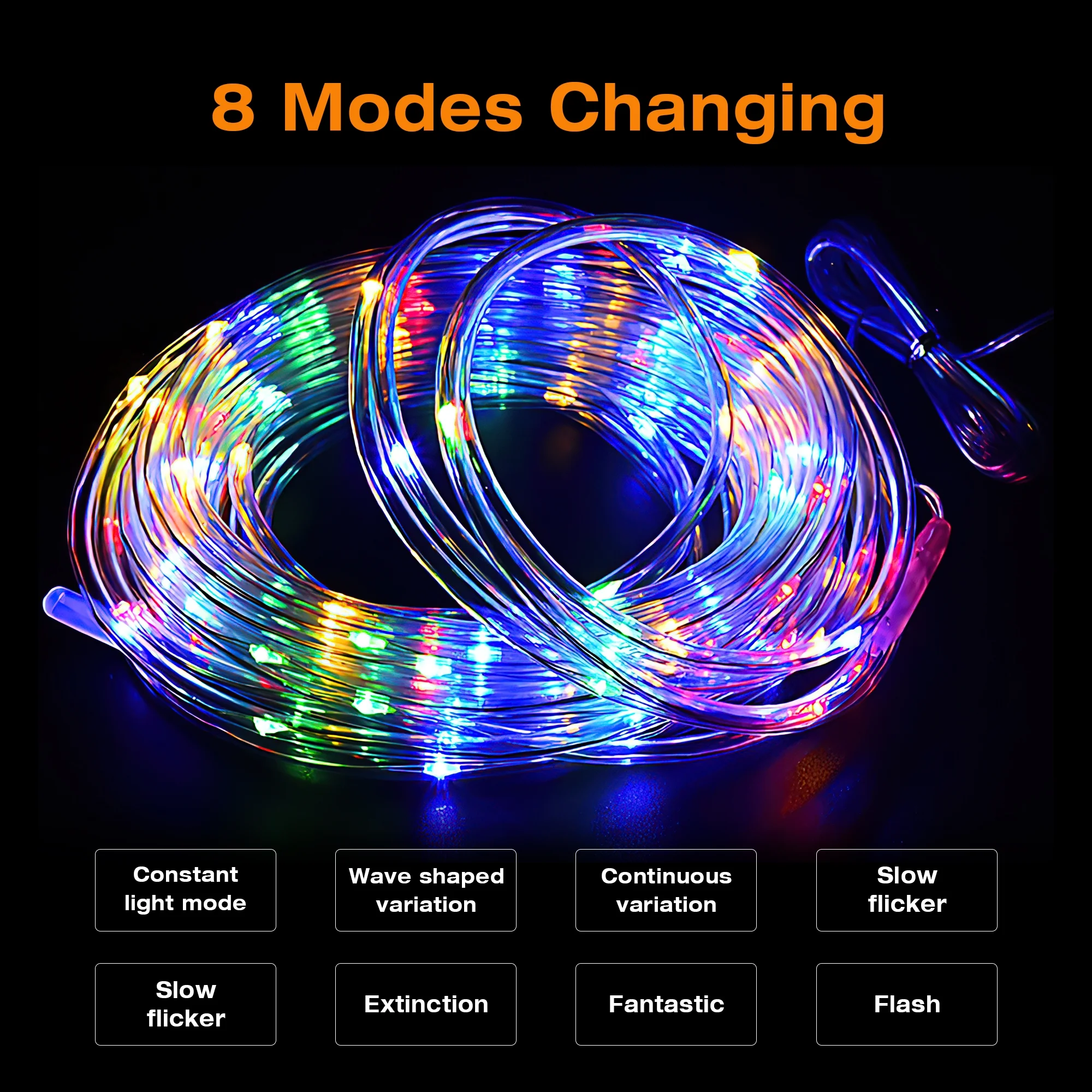 Volivo Solar Rope Lights Outdoor Waterproof LED Fairy Lights with 8 Lighting Modes (Multi-color, 66 ft) sncwx