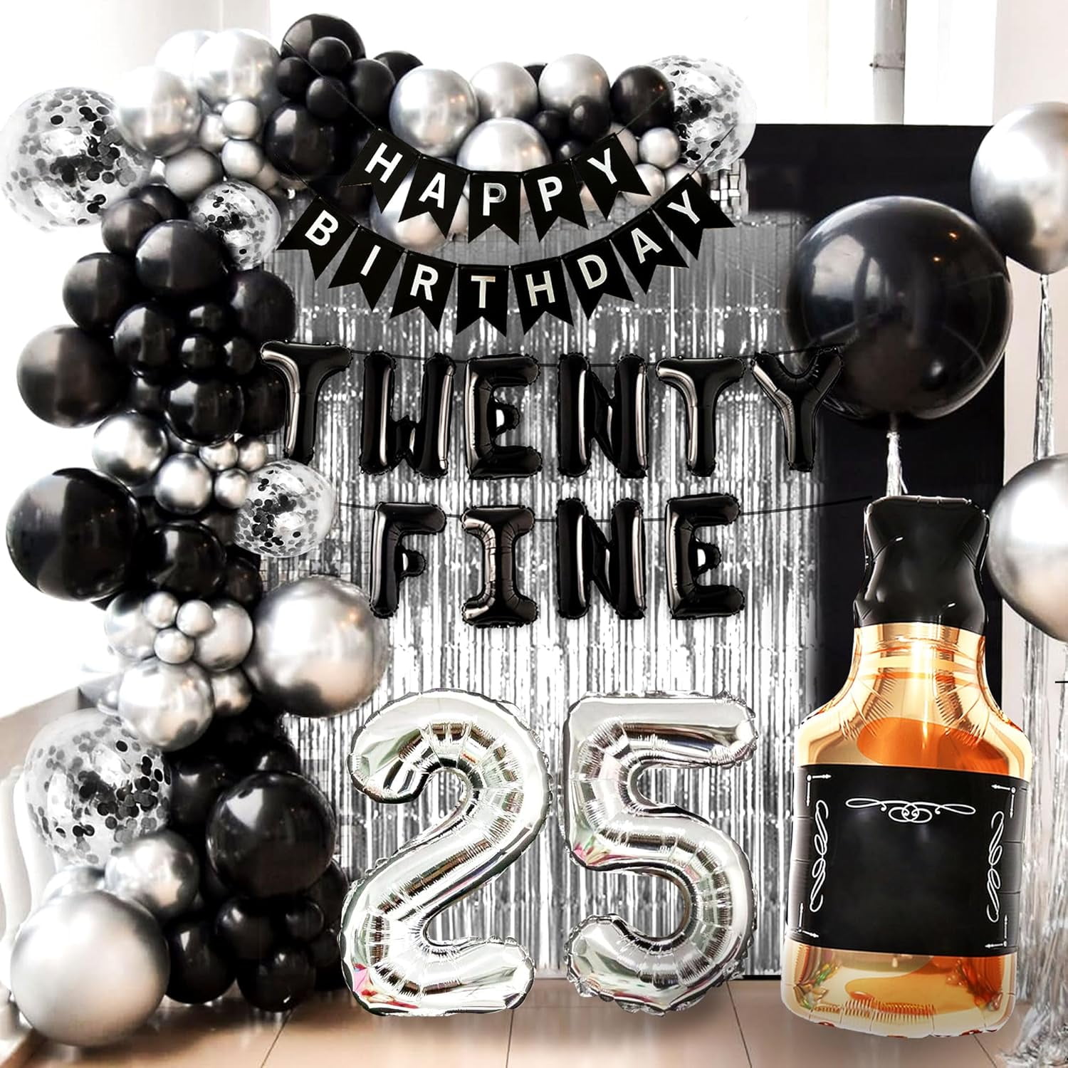 Roaring Good Time 25th Birthday Party Decoration Set, Luxury Black, Silver and Gold Foil Balloons with Rain Curtain (1 Set) ghtwp