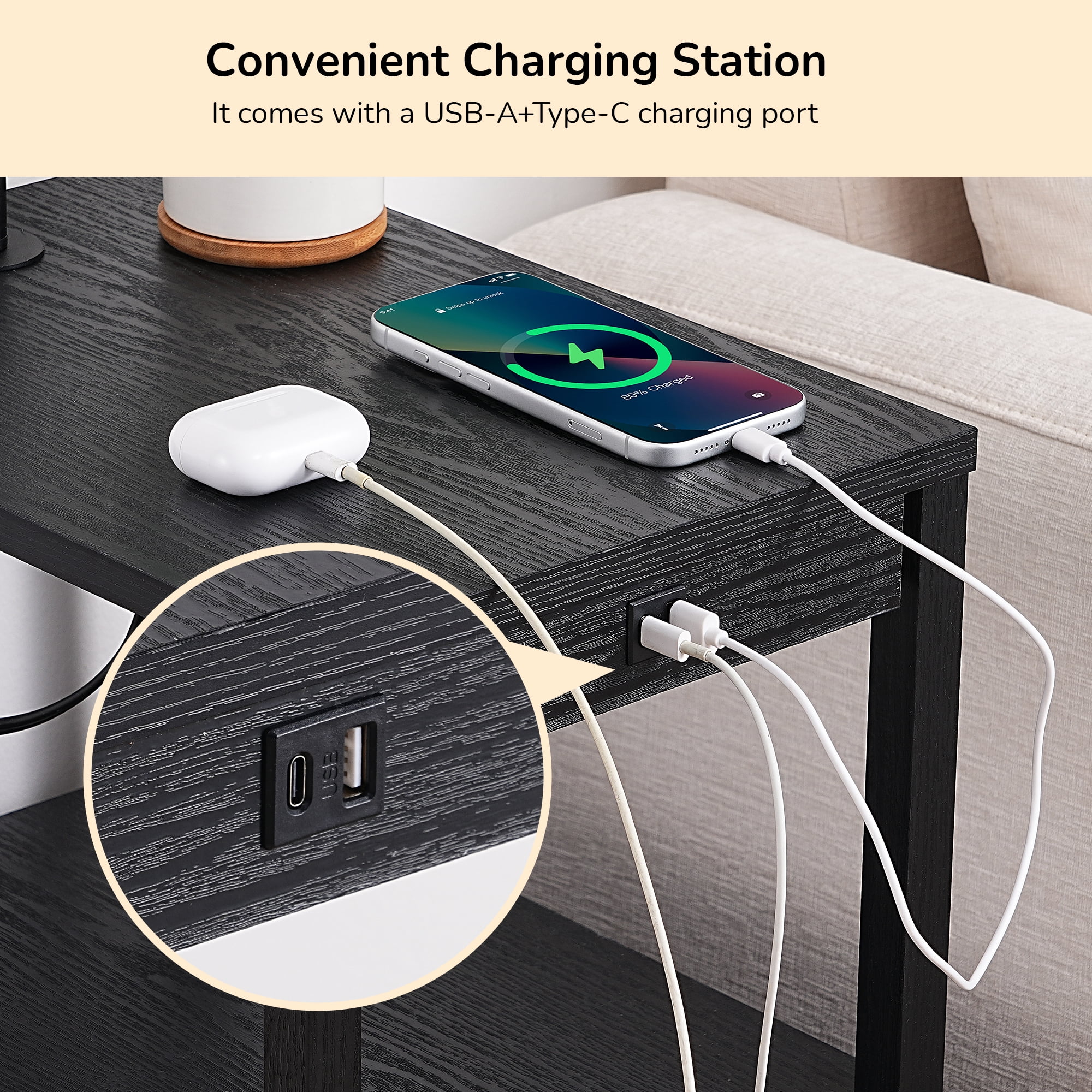 EDISHINE Rustic Farmhouse Floor Lamp with Side Table and USB Charging Station (Black, 58.2 in) gdn3j