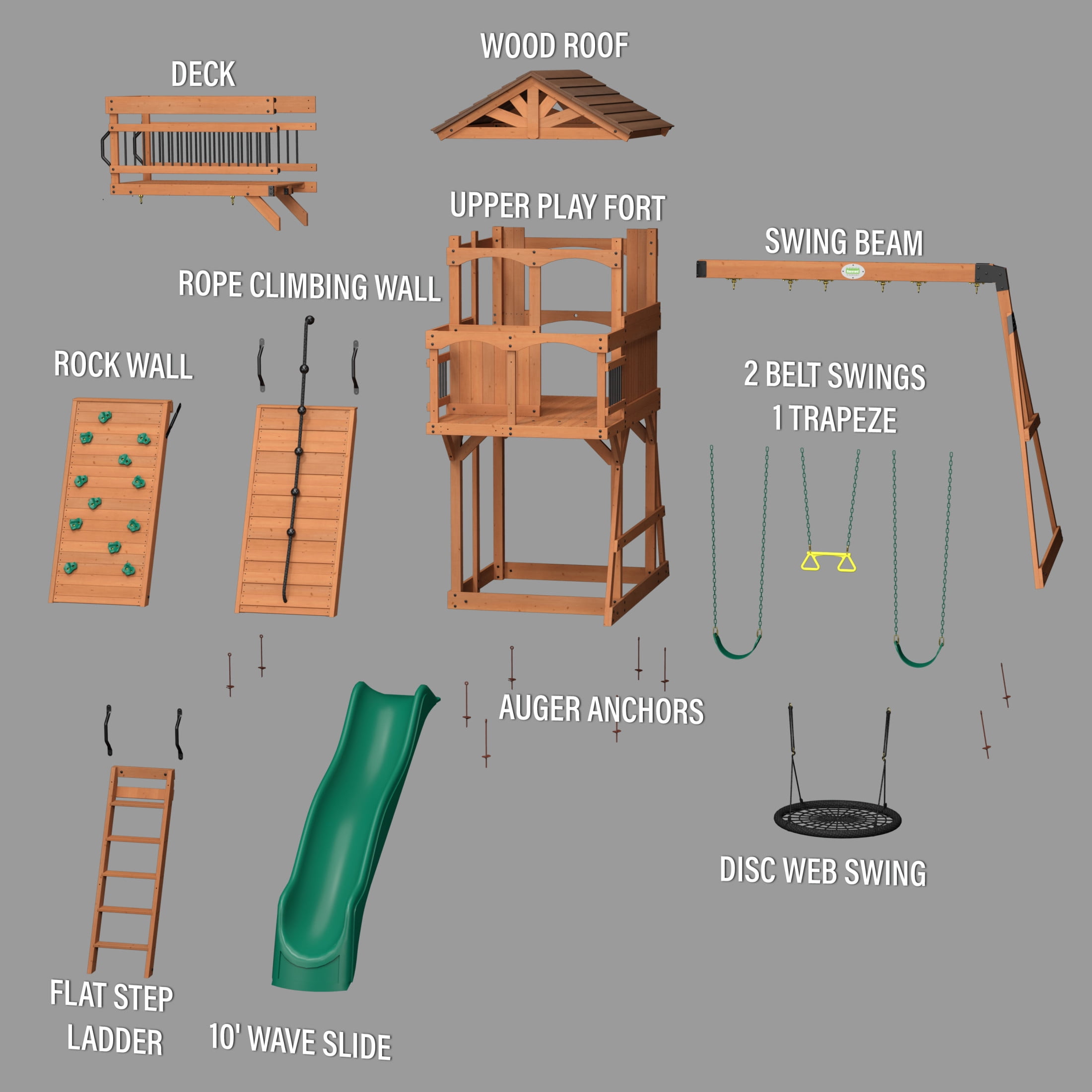 Backyard Discovery Sterling Point Cedar Wood Swing Set with Clubhouse, Slide, and Bridge (Brown, 19 ft x 13 ft) n73lz