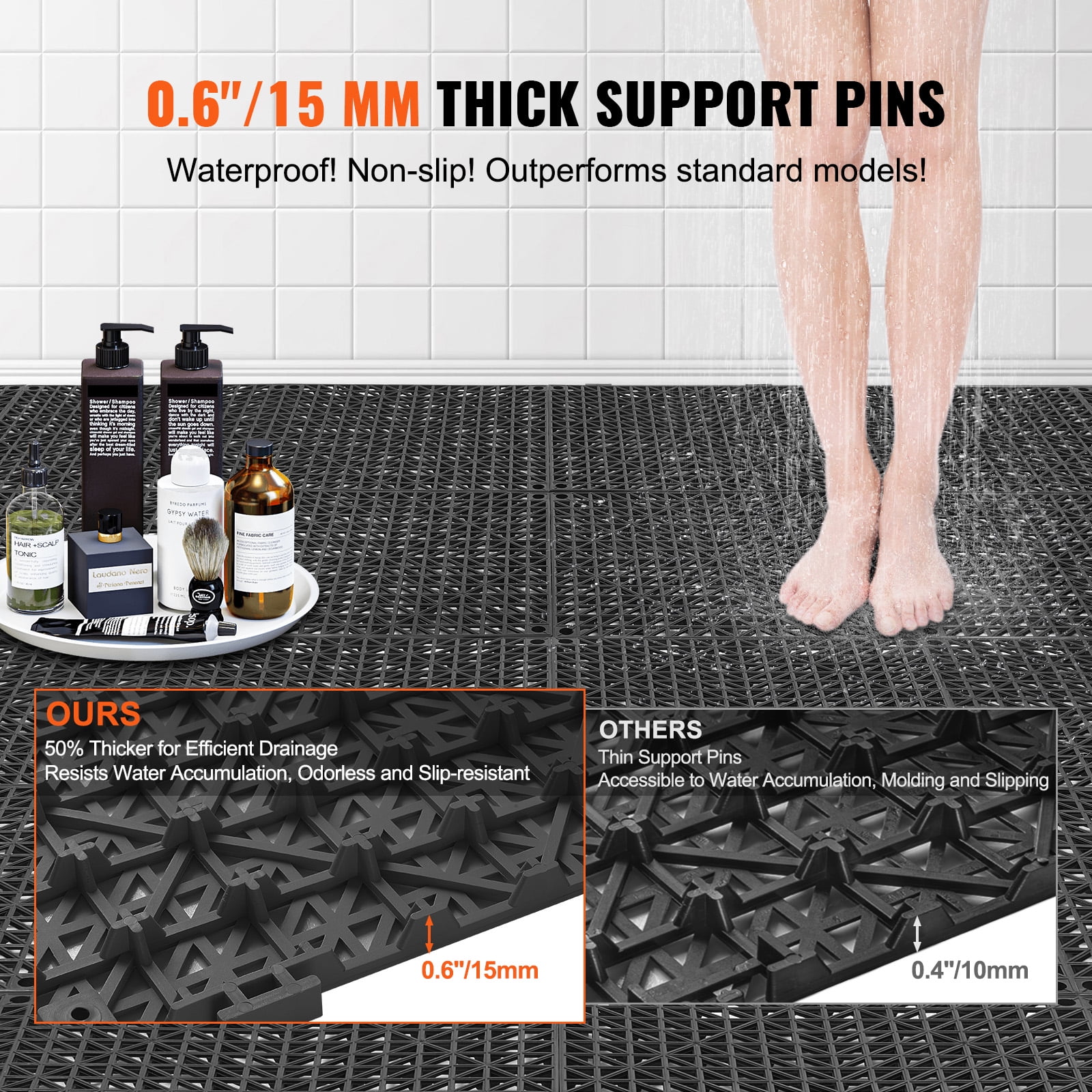 SKYSHALO Interlocking Floor Mats Waterproof Non-Slip PVC Tiles (Black, 50 Piece, 12 in x 12 in) elmli
