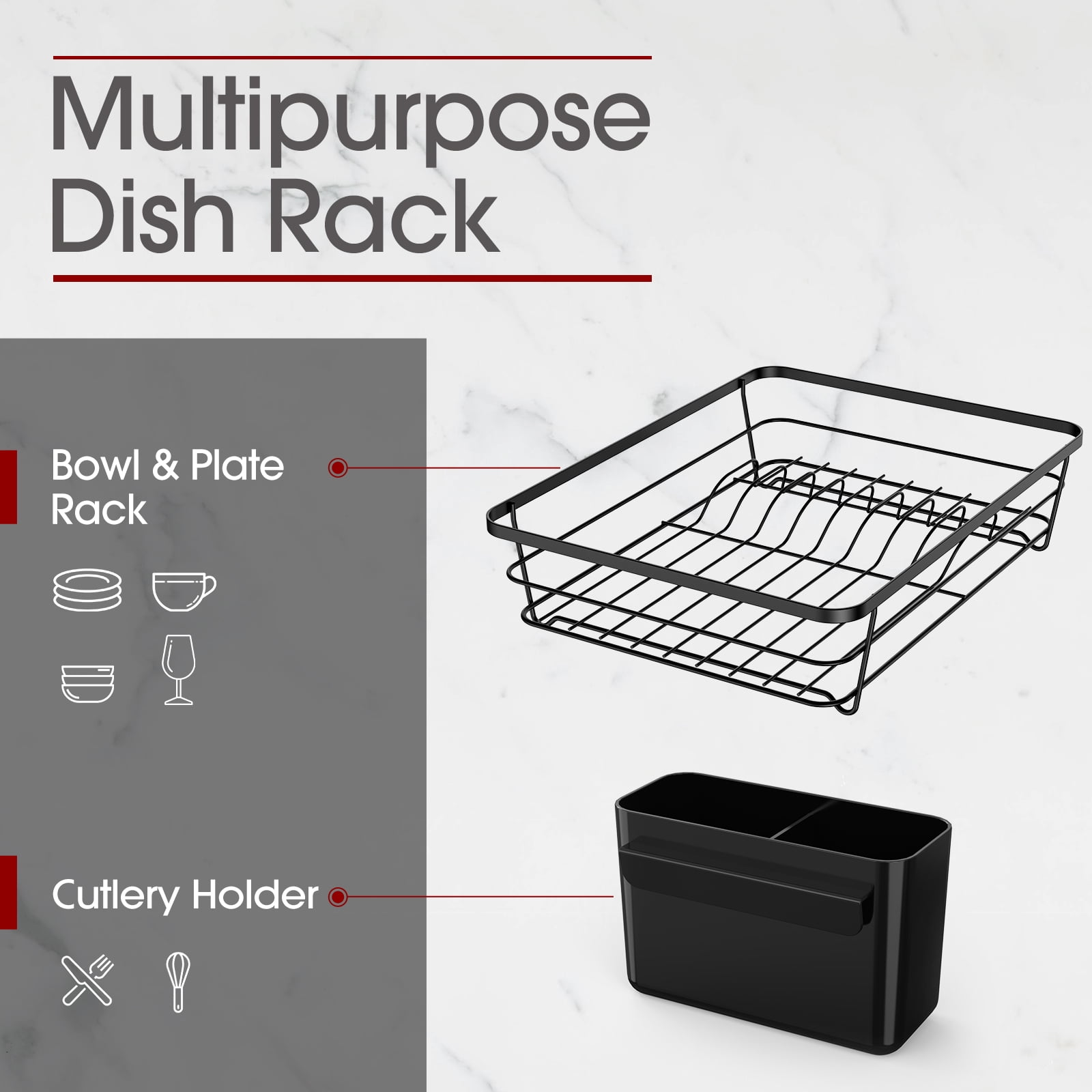 Sakugi Compact Dish Drying Rack for Kitchen Counter with Swivel Drainboard (Black, 15 in x 12 in x 5 in) jxwgs