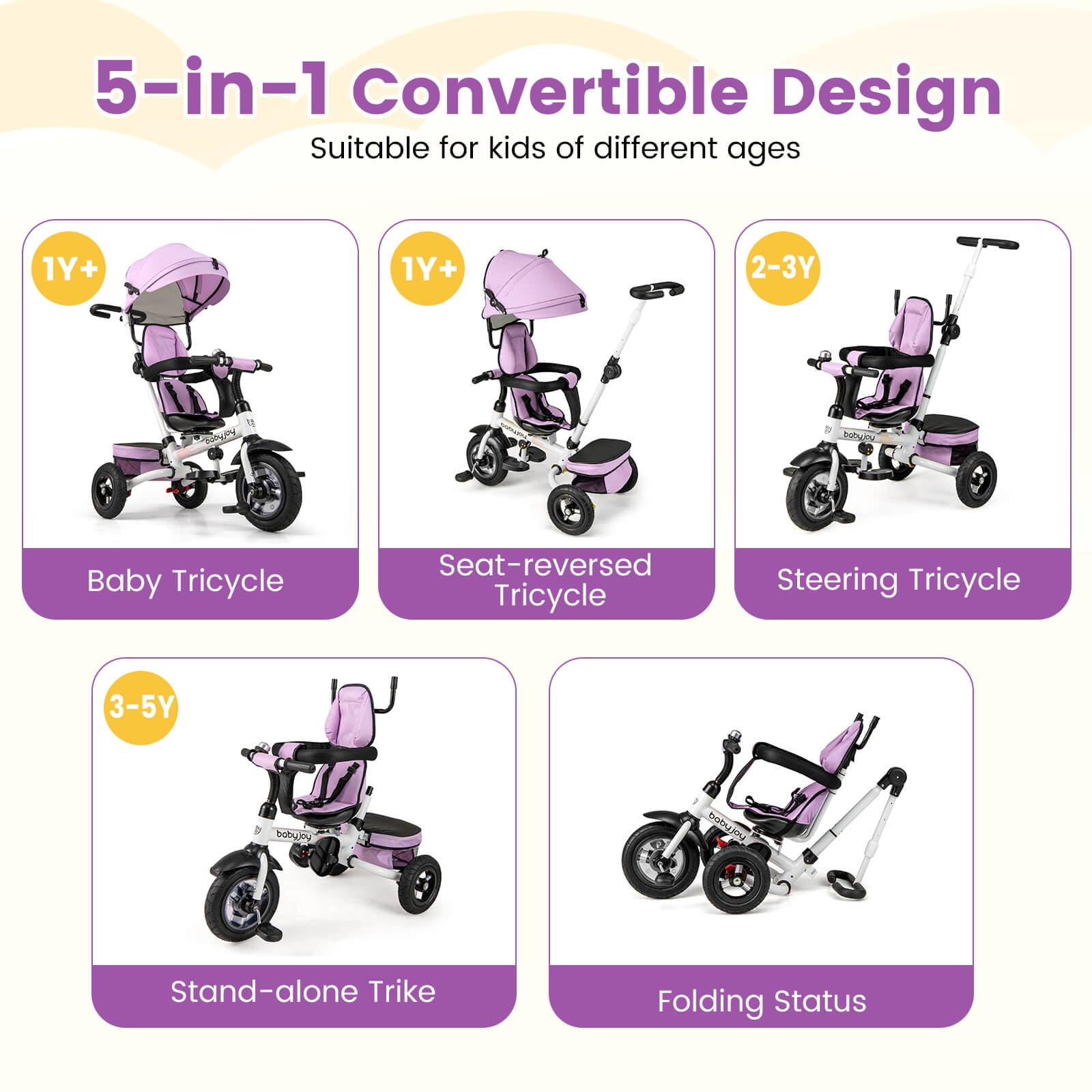 INFANS 5-in-1 Folding Toddler Tricycle with Adjustable Canopy and Storage (Pink) r4evd