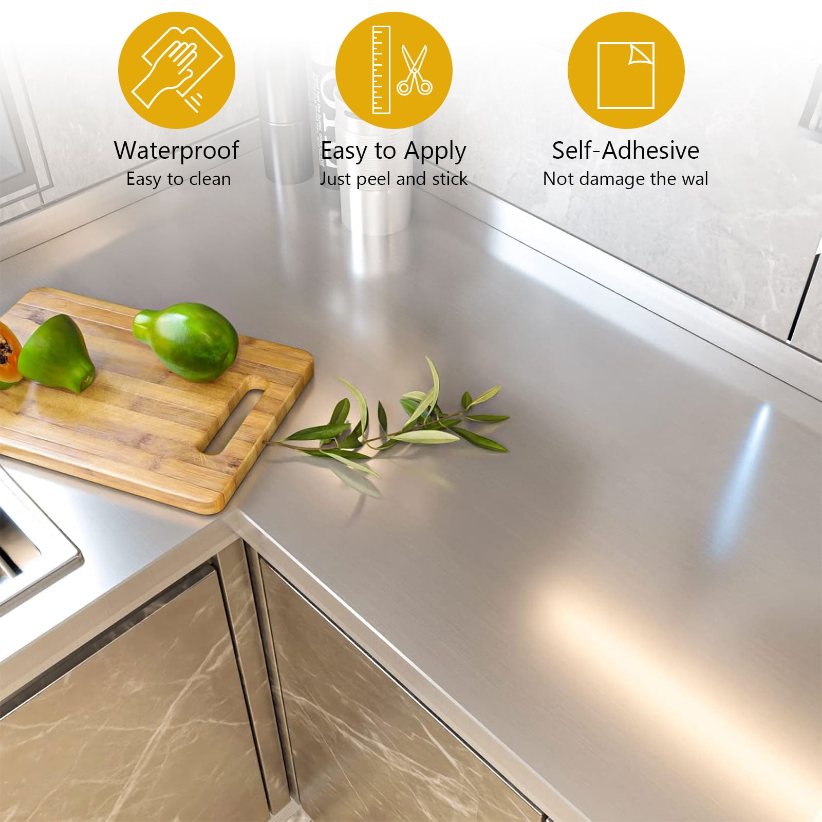 Tripumer Stainless Steel Contact Paper, Peel and Stick Vinyl Film for Kitchen Appliances and Countertops (Silver, 19.6 in x 197 in) ottr6