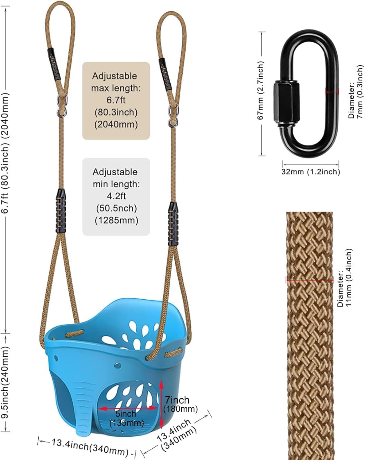 Runstore High Back Full Bucket Toddler Swing with Adjustable Rope and Locking Carabiners (Blue, 600 lb) 9353r