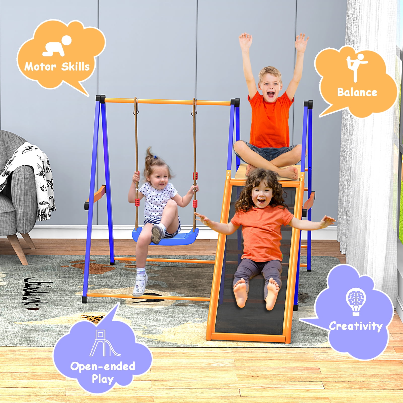 XIEWEI 4-in-1 Indoor Jungle Gym Playset with Swing and Slide, Durable Metal Climber for Kids (Blue, 400 lb Capacity) 39wmj