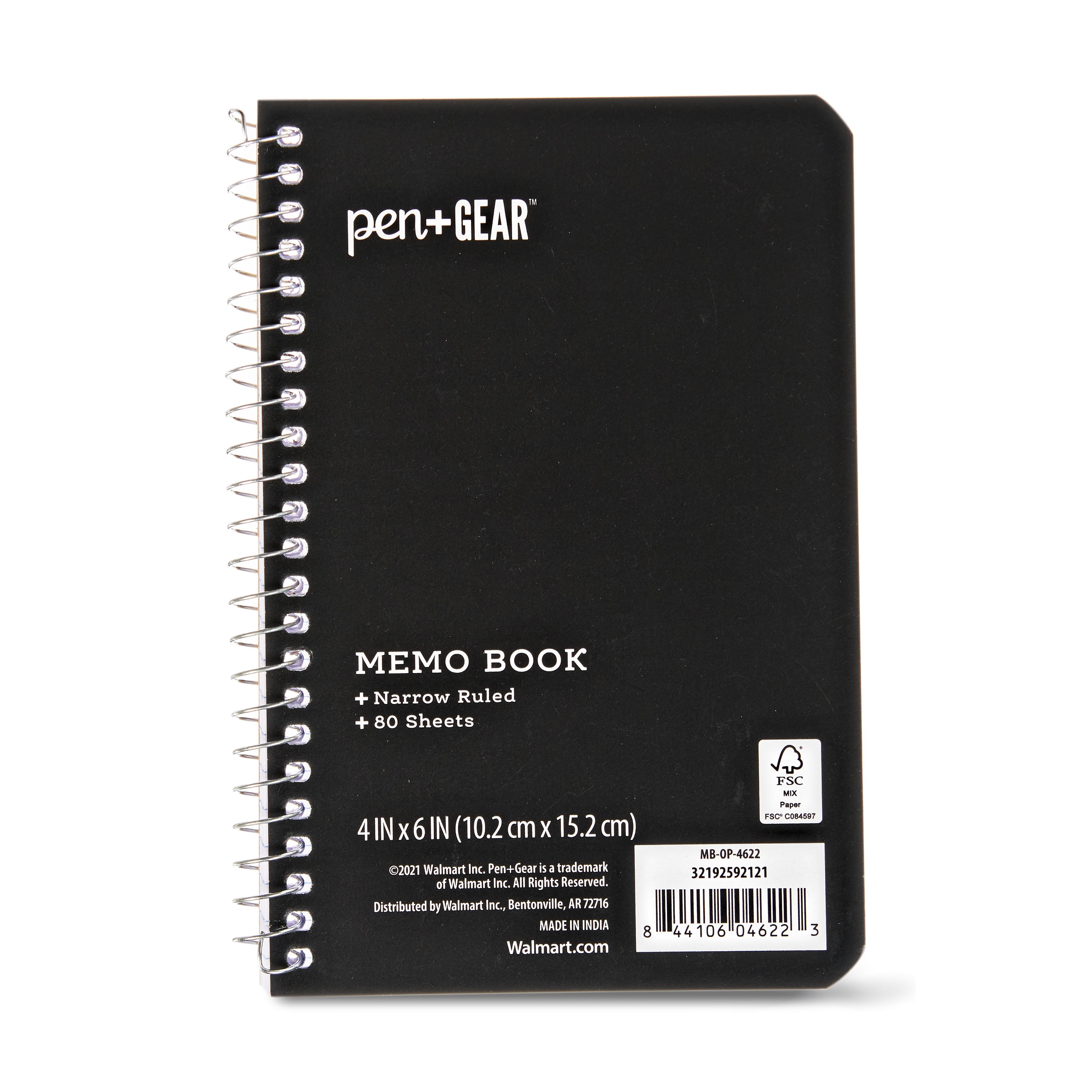 Pen+Gear Memo Book Narrow Ruled Spiral Notebook (Black, 4 in x 6 in, 4 Pack) 8pbv3