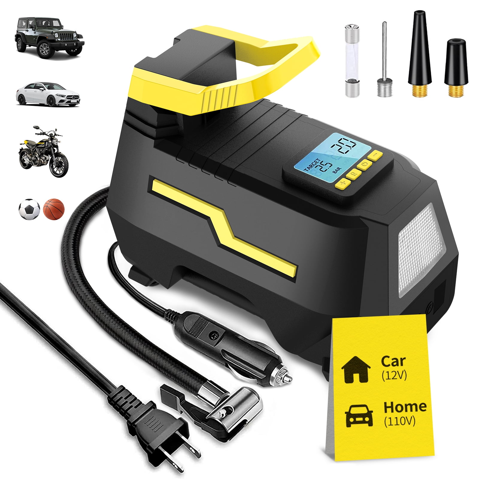 VacLife Portable Tire Inflator Air Compressor (Dual Power 12V DC/110V AC, Digital Display, LED Light, Auto Shut-Off) vpcbm