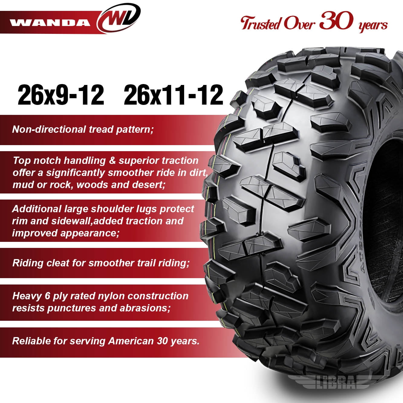 WANDA ATV UTV Tires Set of 4 (26x9-12 Front & 26x11-12 Rear) Heavy-Duty 6-Ply Off-Road Traction 262q9