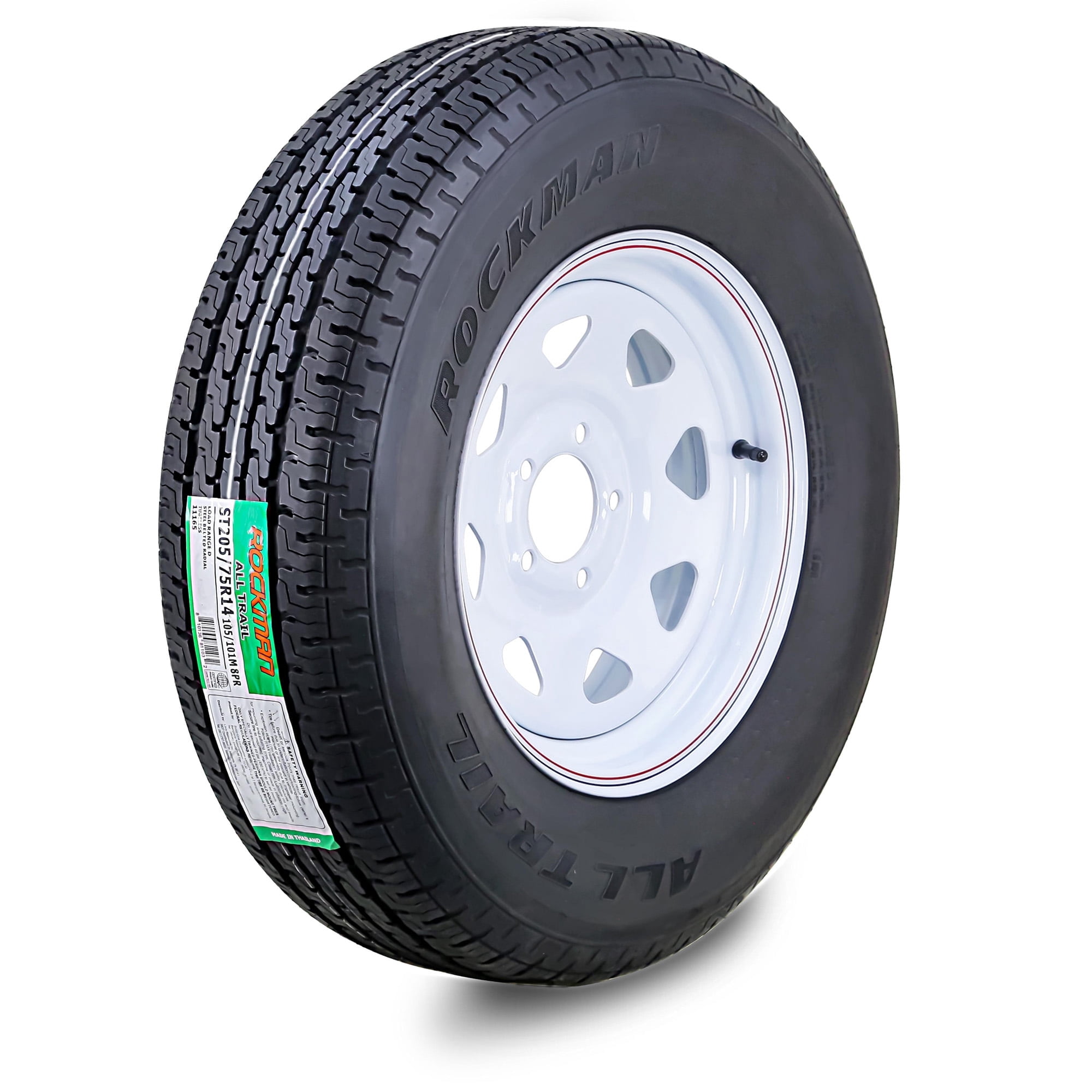 ROCKMAN Trailer Tire and Wheel Assembly ST205/75R14 8-Ply Load Range D (White Spoke Rim, 5 Lug on 4.5 in) mhqpt