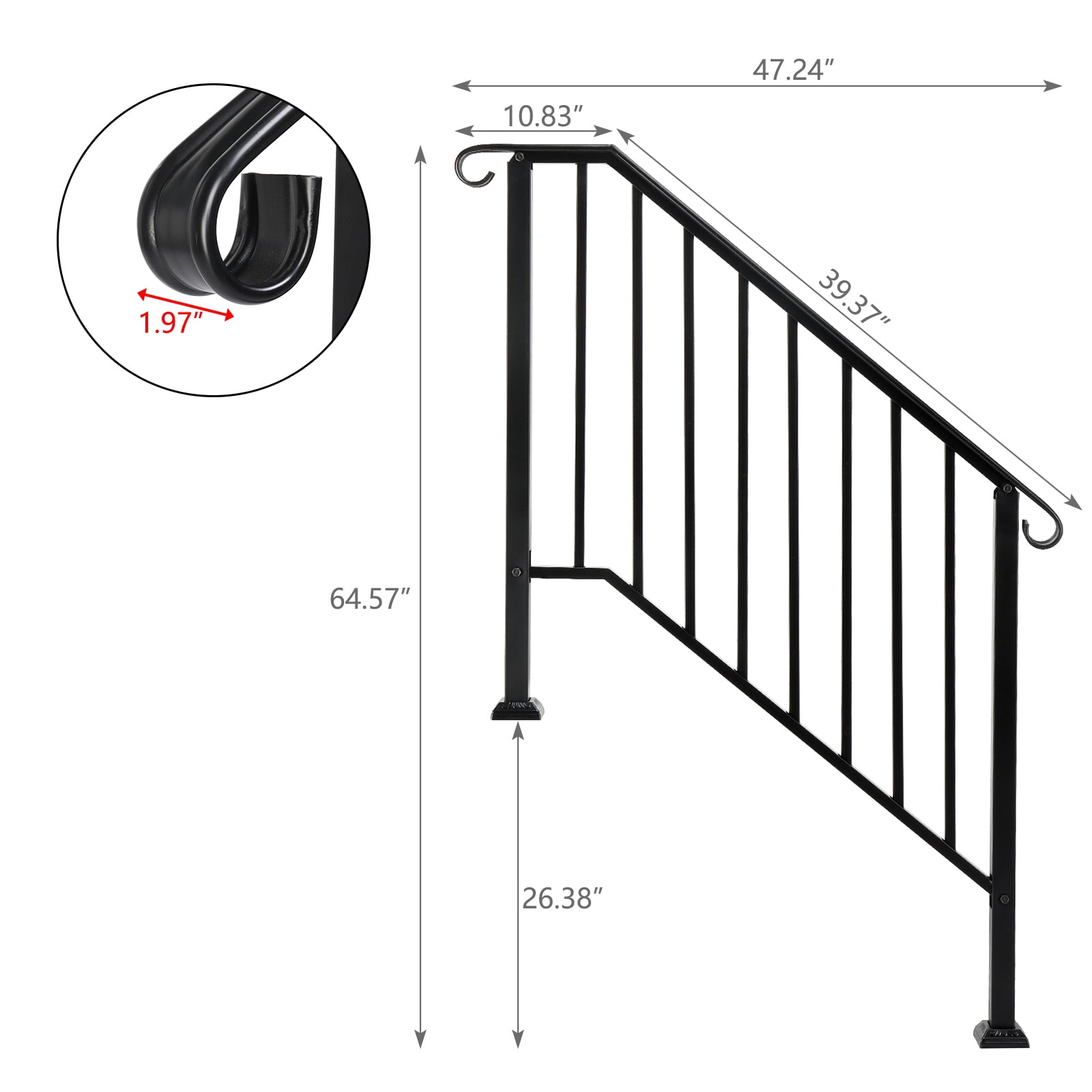 Zimtown Outdoor Galvanized Iron Handrail for 3-4 Steps, Heavy-Duty Rustproof Metal Railing (Matte Black, 1 Pack) 4v39t