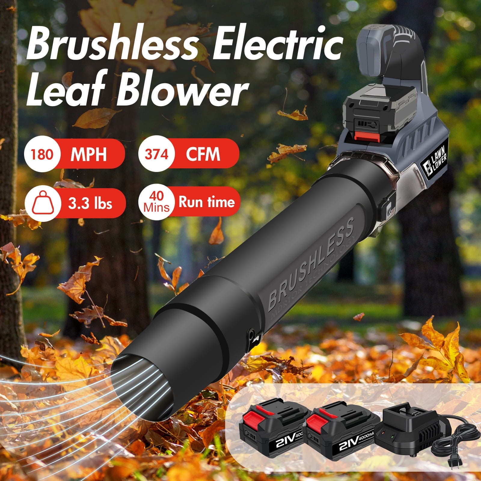 CATGOOD Cordless Leaf Blower with Brushless Motor, 374CFM High-Velocity Airflow, Includes 2x 4.0Ah Batteries and Fast Charger (Yellow, 2-Battery Pack) kbi02