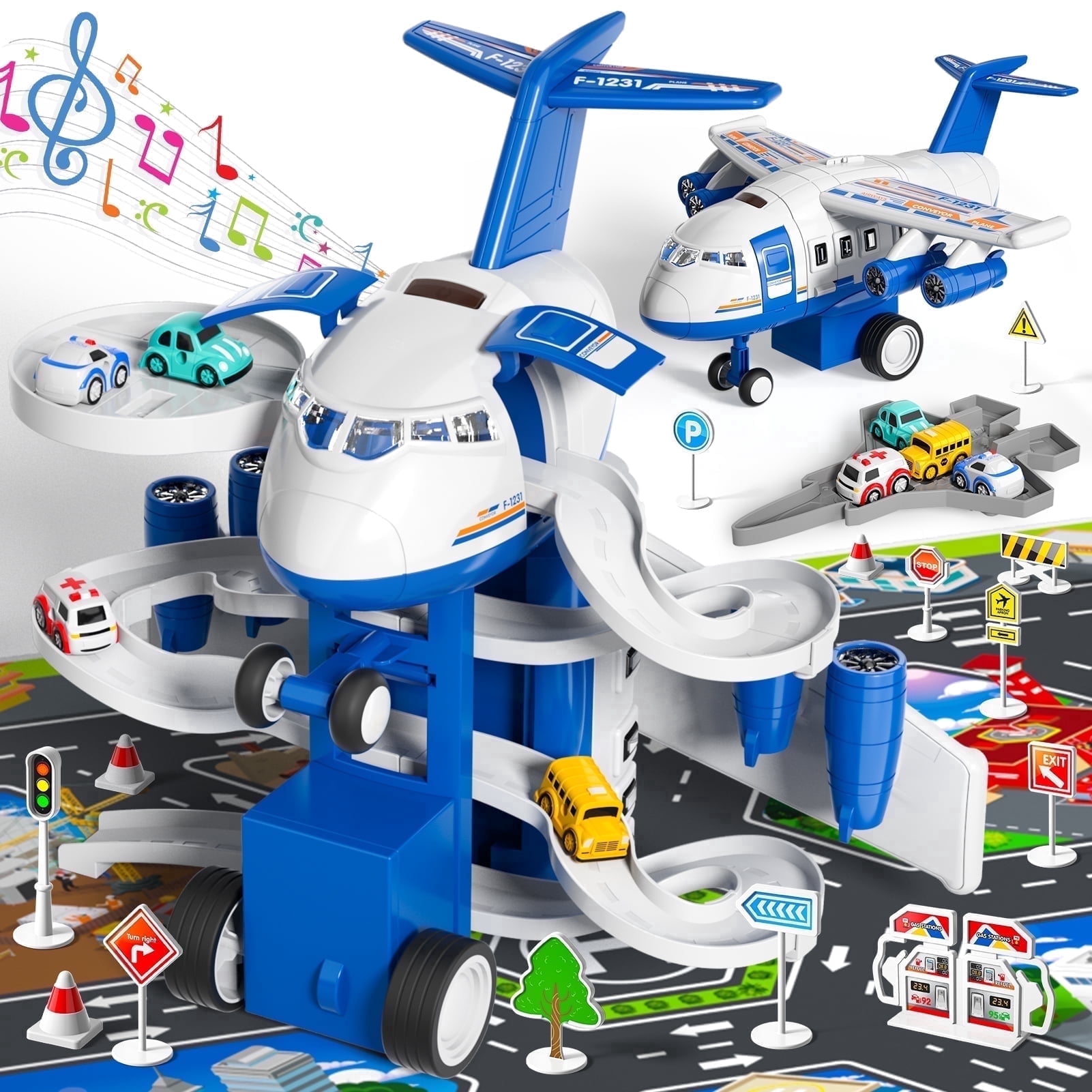 Lucky Doug Airplane Toy Set with Track and 8 Mini Cars (Blue, 1 Set) 3z9s0