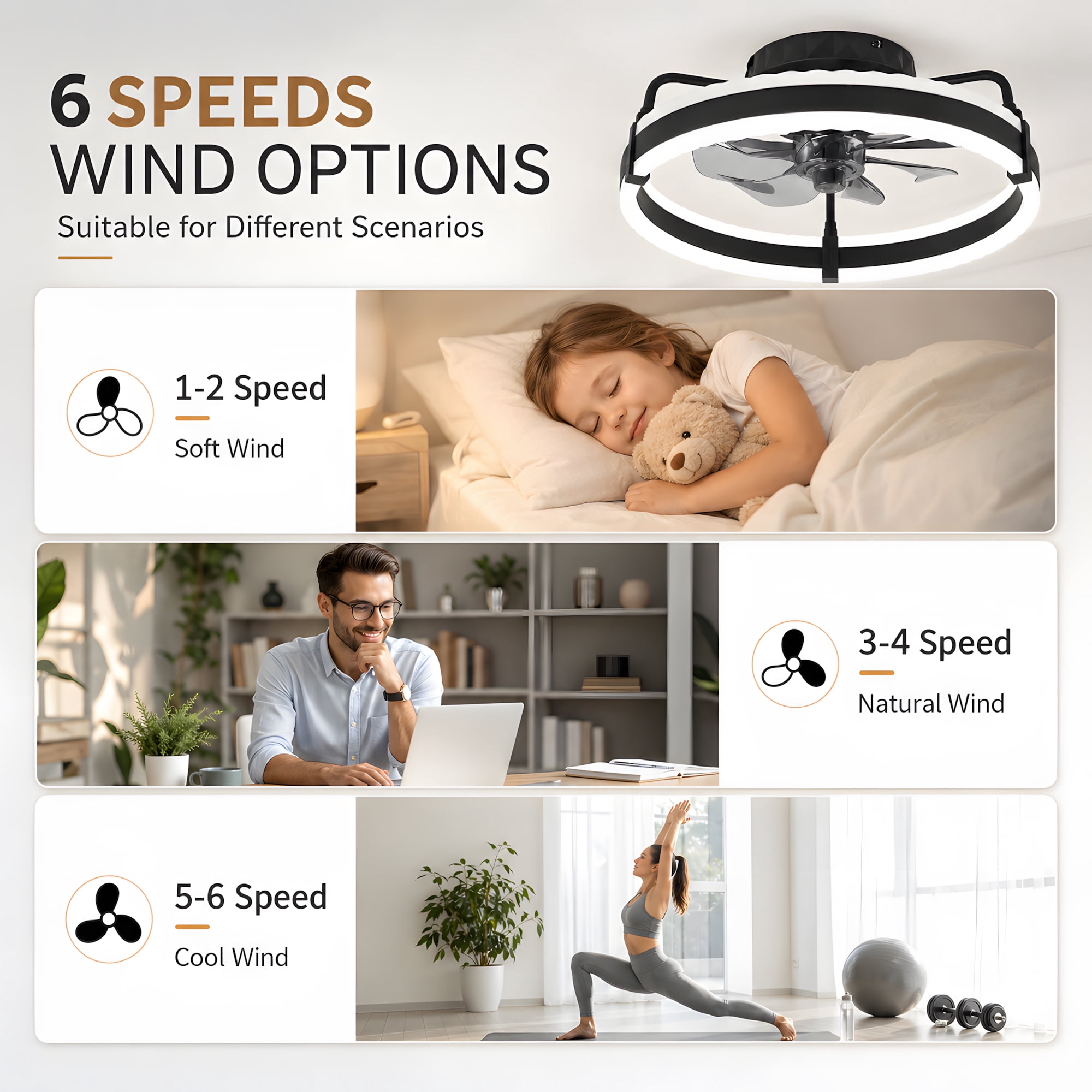 DAYBETTER 20-Inch Low Profile Ceiling Fan with LED Lights and Remote (Black, 20 in) 0t80r