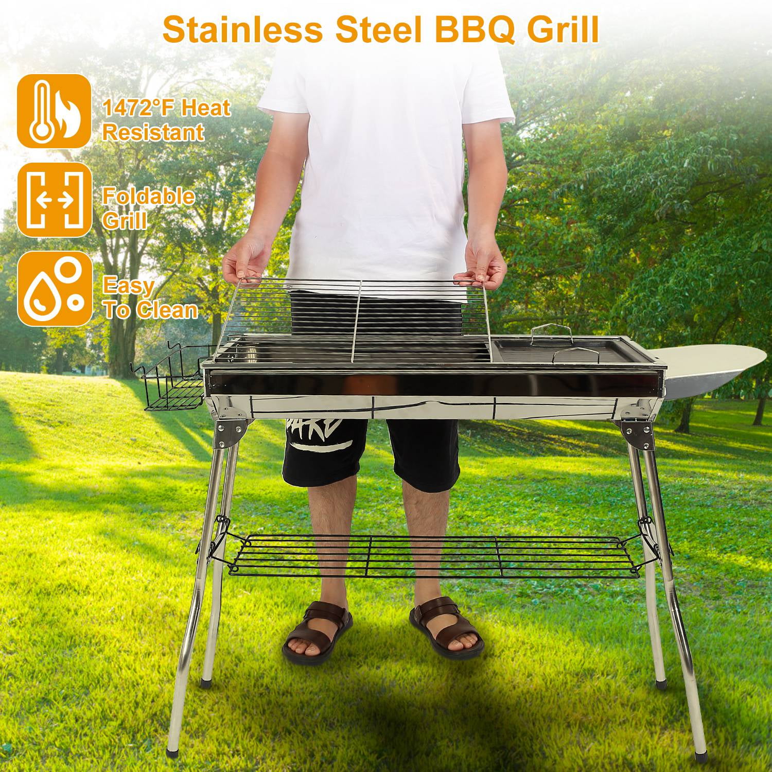 iMounTEK Portable Charcoal BBQ Grill, Stainless Steel Foldable Outdoor Cooking Set for Camping and Backyard (Silver, 38.98x13.39x27.56 in) 5c8wr