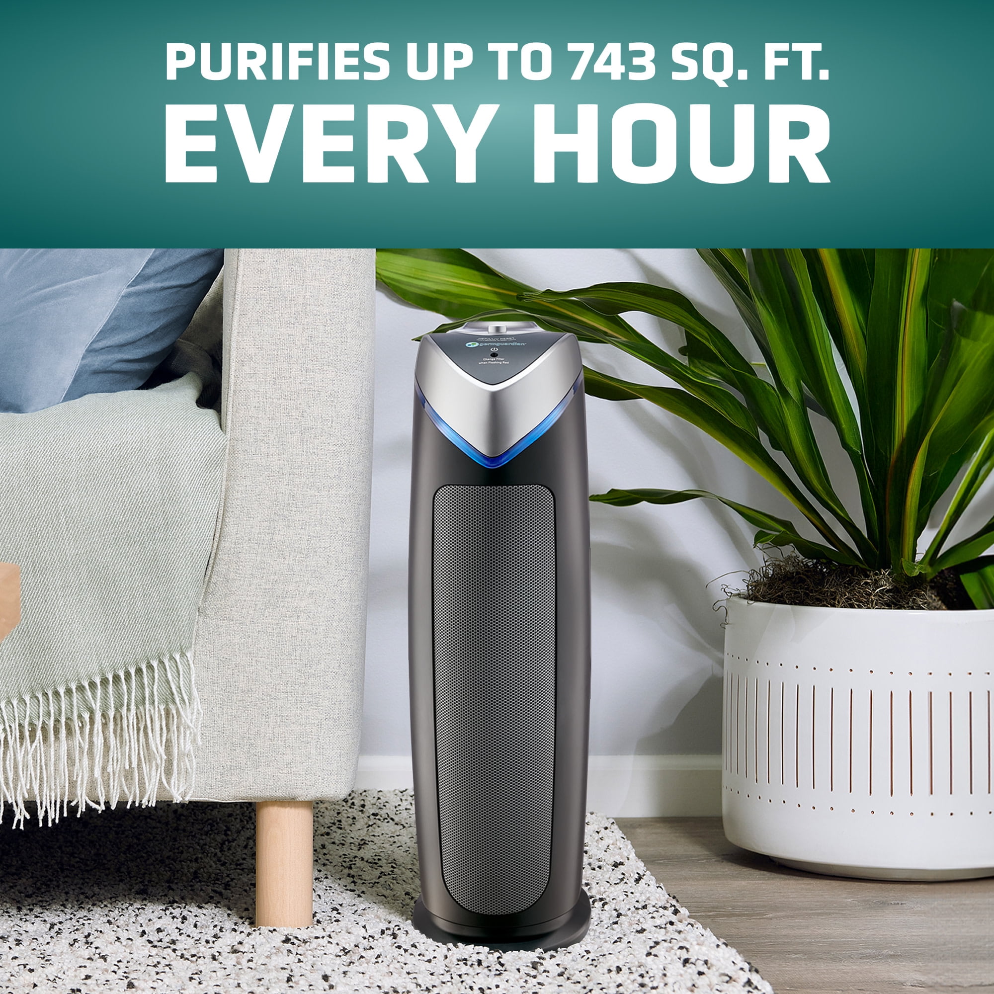 GermGuardian HEPA Tower Air Purifier with UV-C Light for Large Rooms (Gray, 743 sq. ft.) dh974