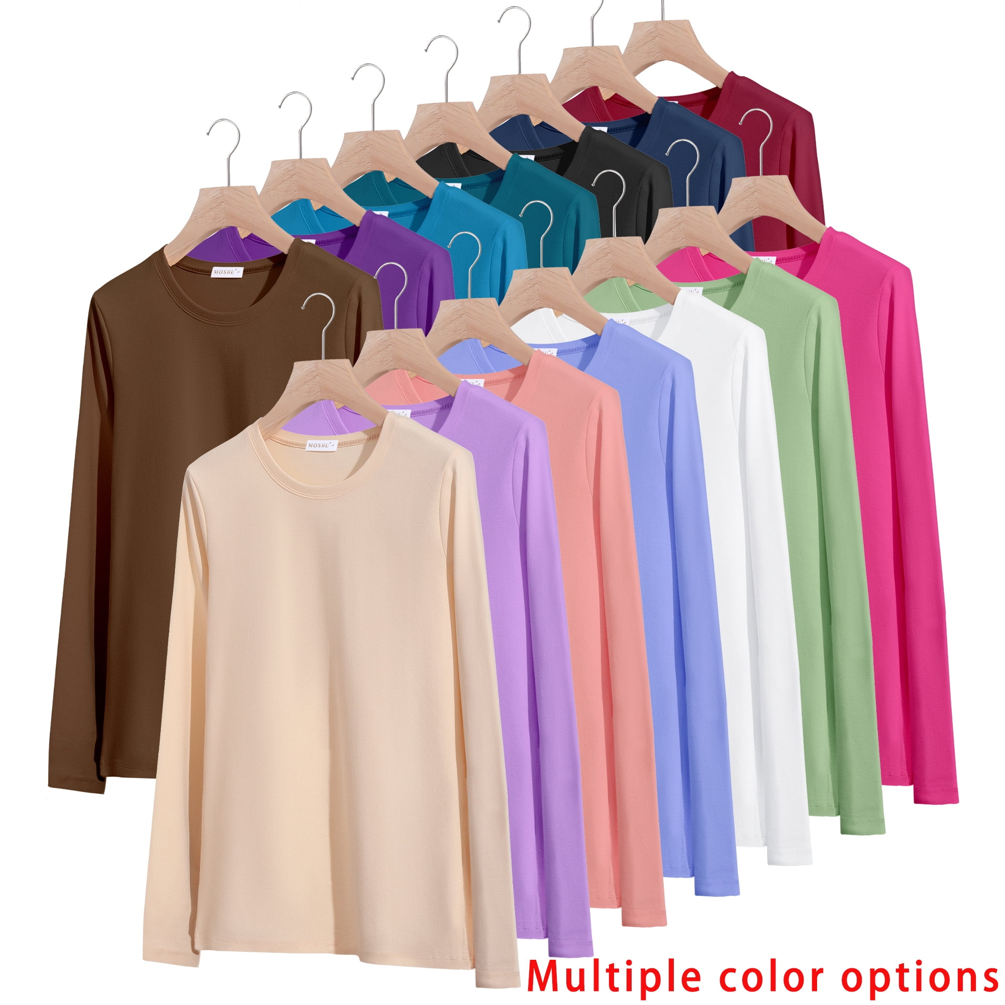 MOSHU Women's Long Sleeve Crew Neck T-Shirts Casual Loose Fit Fall Tops (Black, L, 3-Pack) 6y0vm