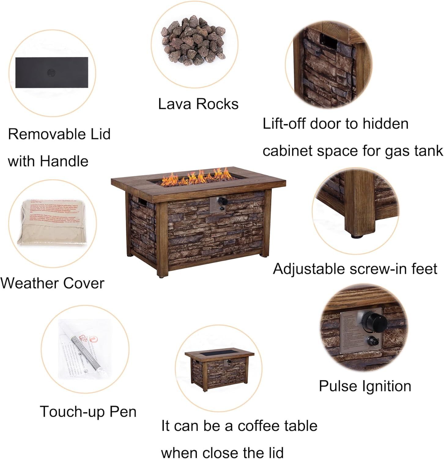 Afterglow Rectangular TerraFab Propane Fire Pit Table with Weather Cover and Lava Rocks (Brown, 43.5 in L x 27.36 in W x 23.8 in H) nn6lw