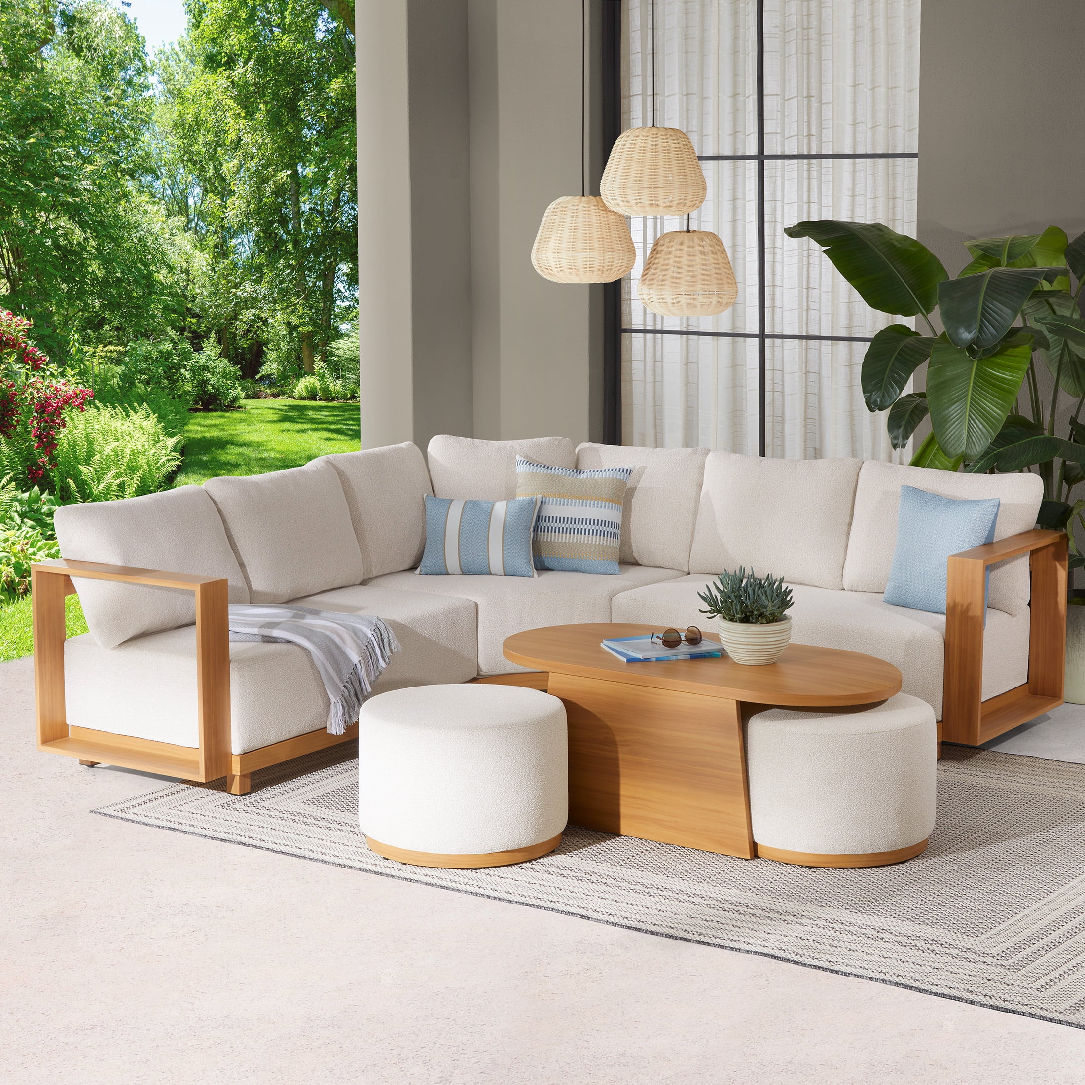 Better Homes & Gardens Juliet Outdoor Sectional Set with Coffee Table and Ottomans (Beige, 7-Piece) aqfrc