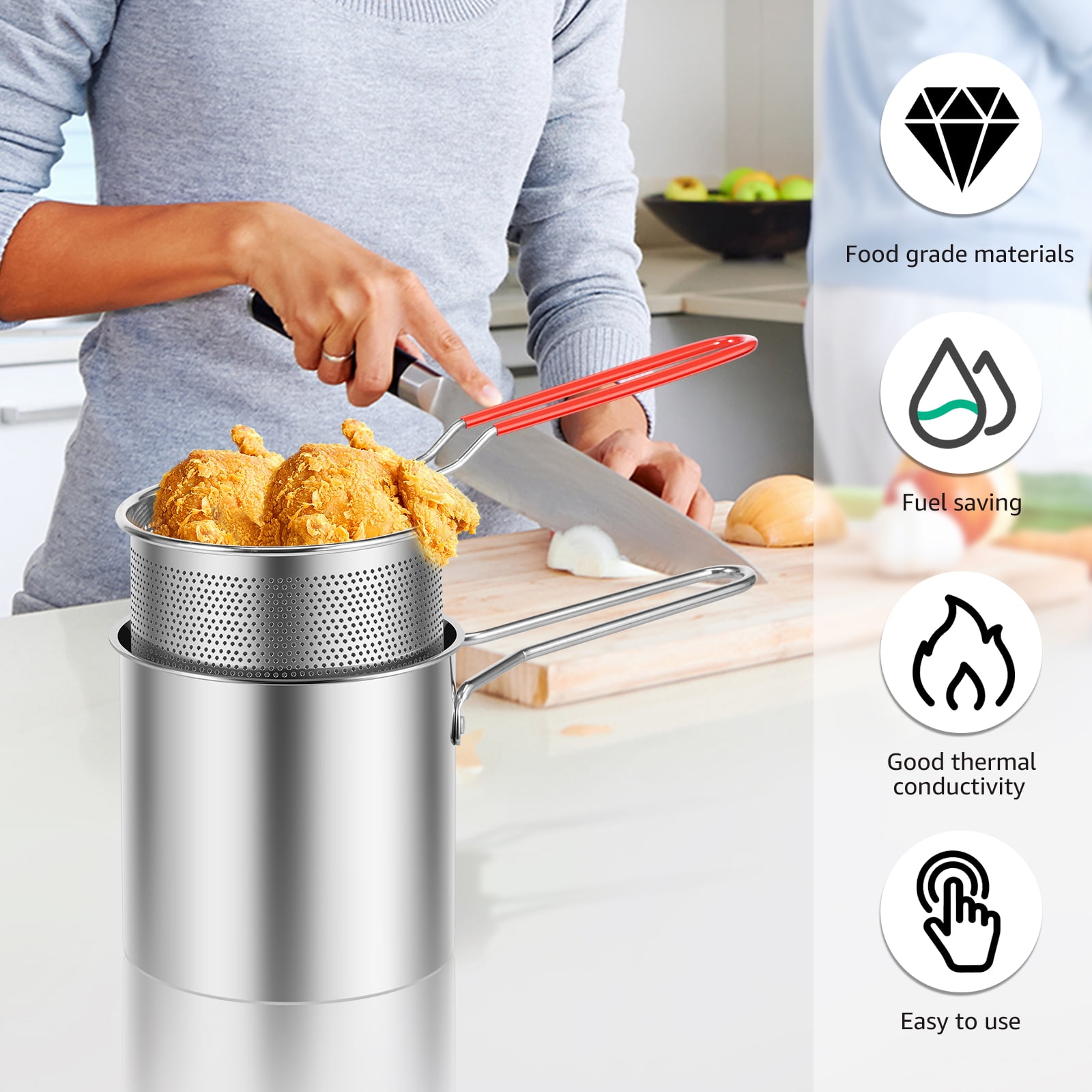 Evjurcn Stainless Steel Deep Fryer Pot with Strainer Basket and Lid (Silver, 5.12 in) 554q7