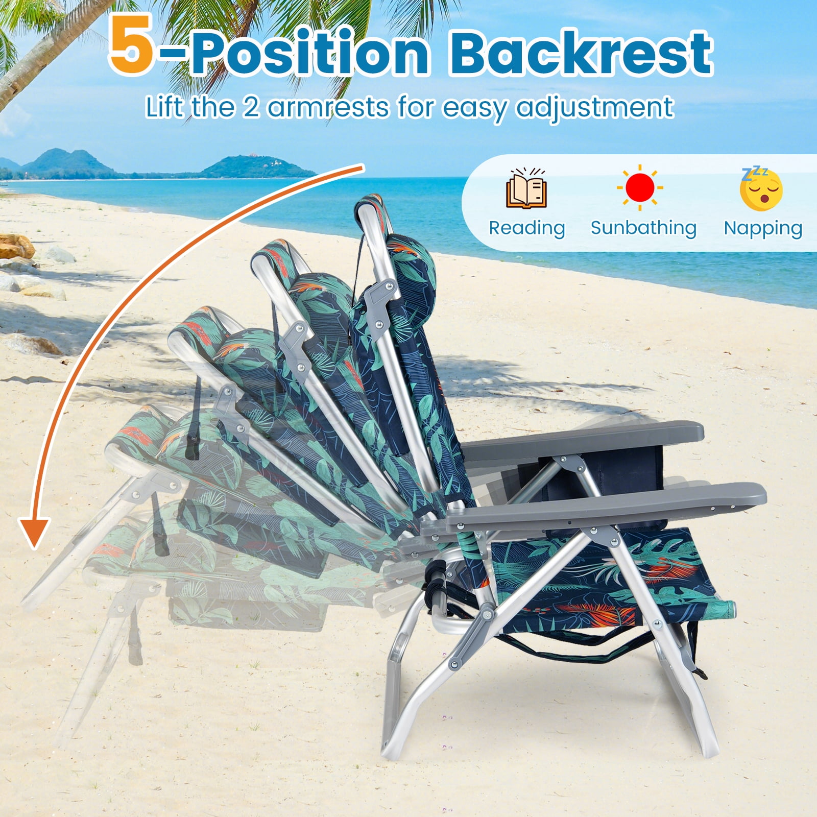 Costway Folding Beach Chairs Set of 2 with 5-Position Adjustable Backrest and Cup Holder (Tropical Leaf, 2 Pack) 1fxak