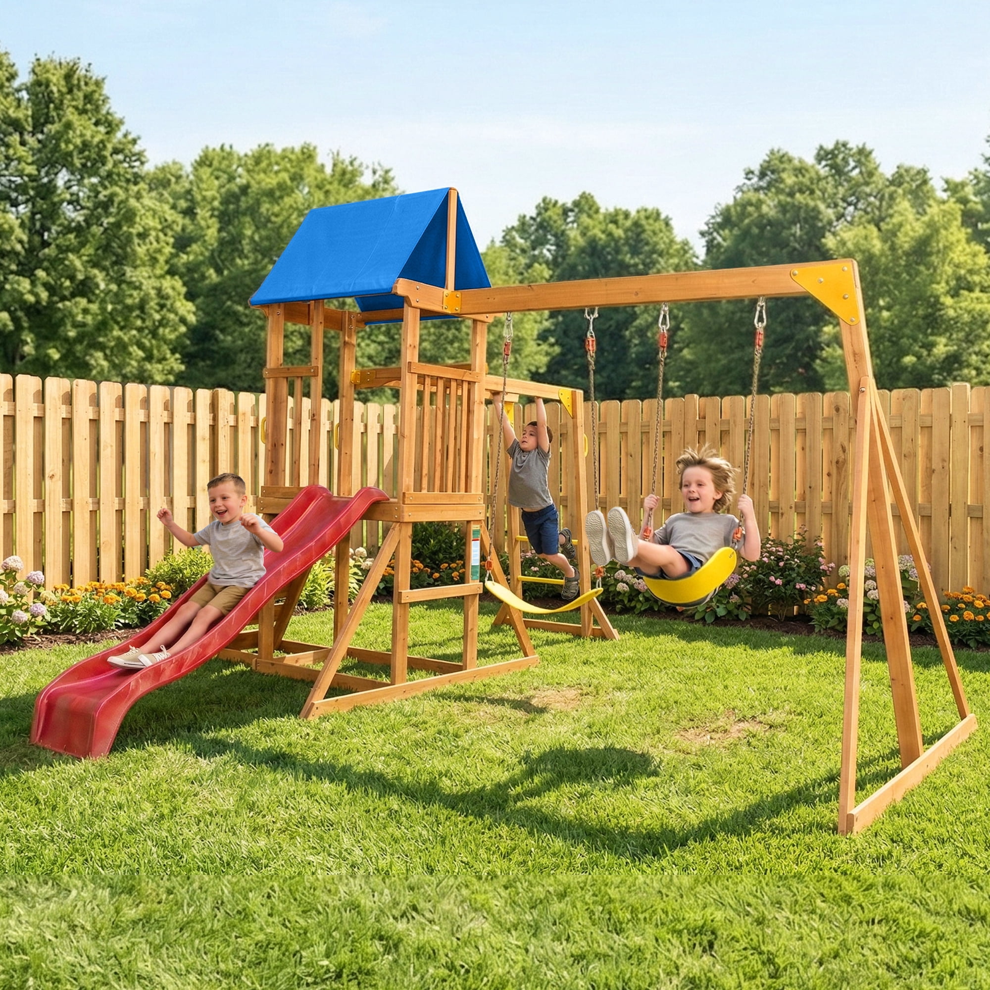 SuniBoxi Wooden Playground Set with Monkey Bars, Wave Slide, and 2 Belt Swings (Yellow, 1 Set) vaghr