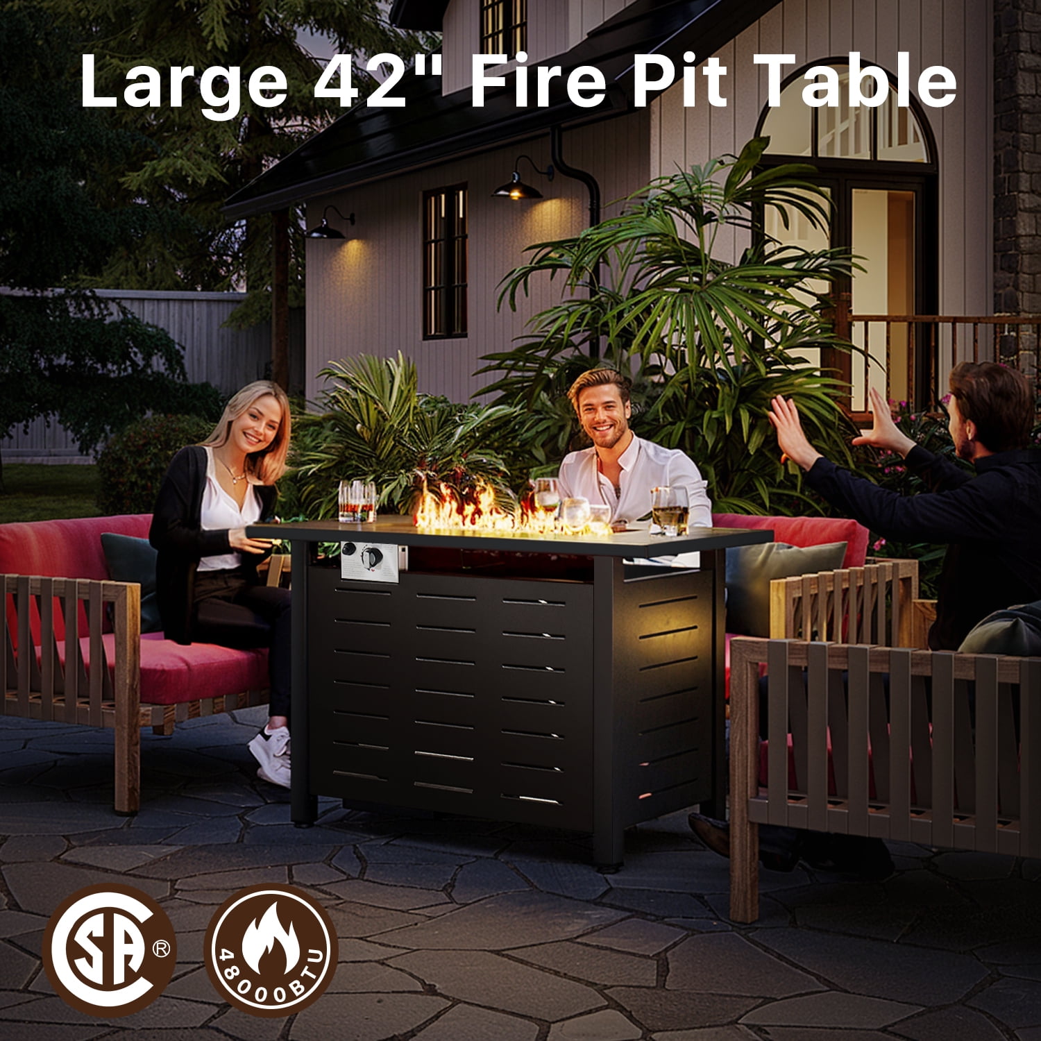 Sunmthink 42 in Propane Fire Pit Table, 50,000 BTU Auto Ignition Steel Gas Fire Pit with Removable Lid and Waterproof Cover (Black, 42 in) kc9l0