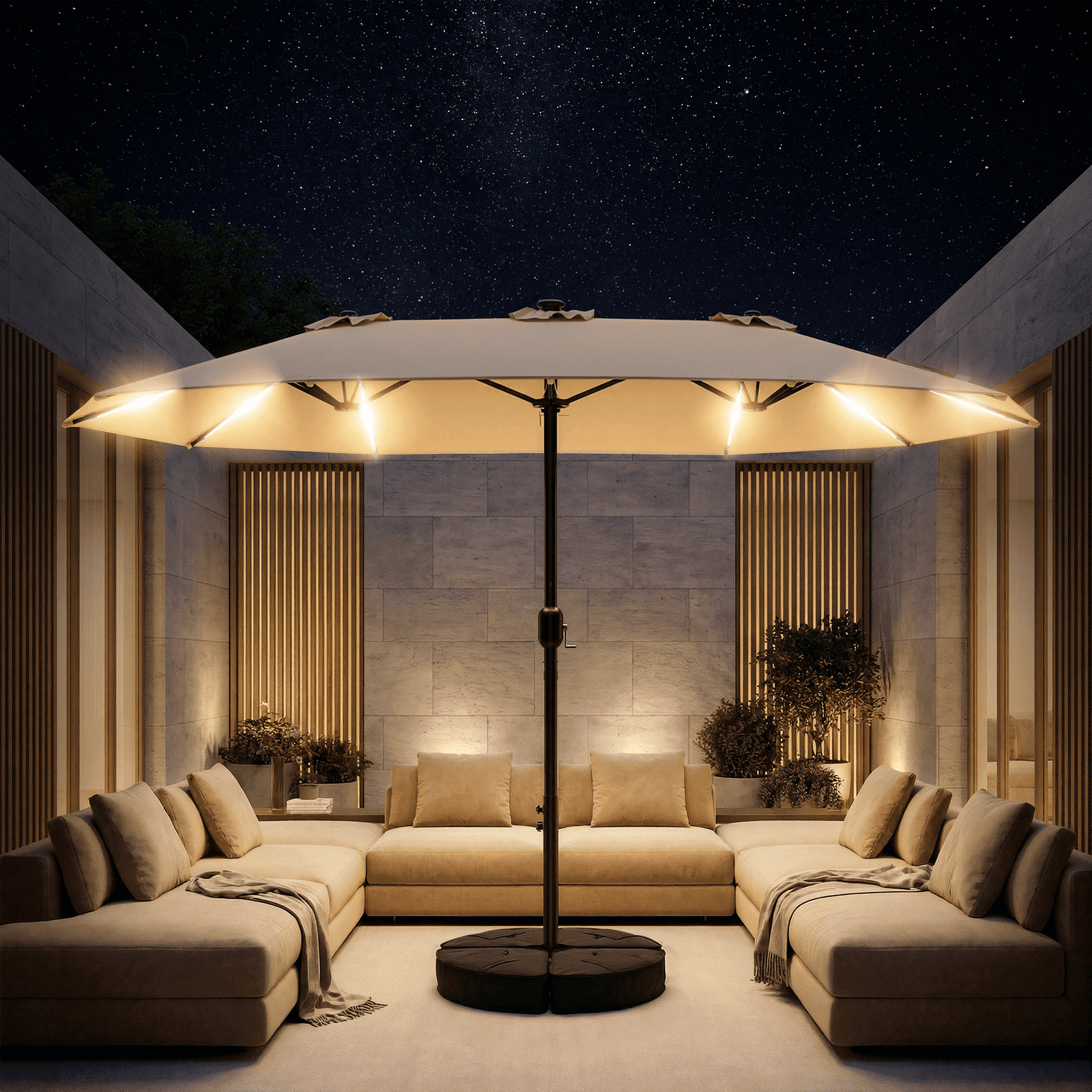 TASKBAY 15ft Double-Sided Patio Umbrella with Solar LED Lights and Base (Beige, 15ft x 9ft) kxlq0