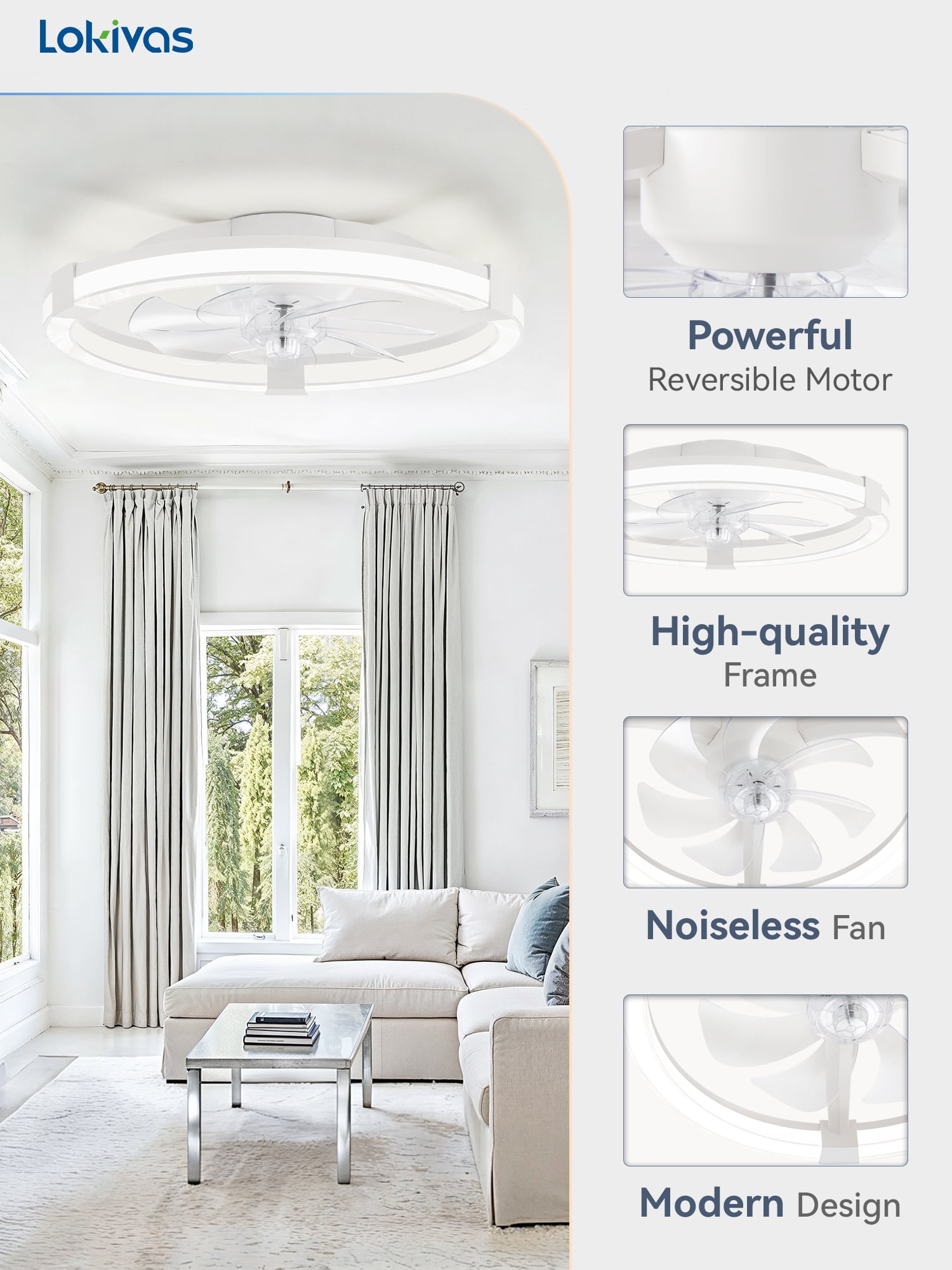 Lokivas 20in Low Profile Ceiling Fan with LED Lights and Remote Control (White, 20 in) 50qyt