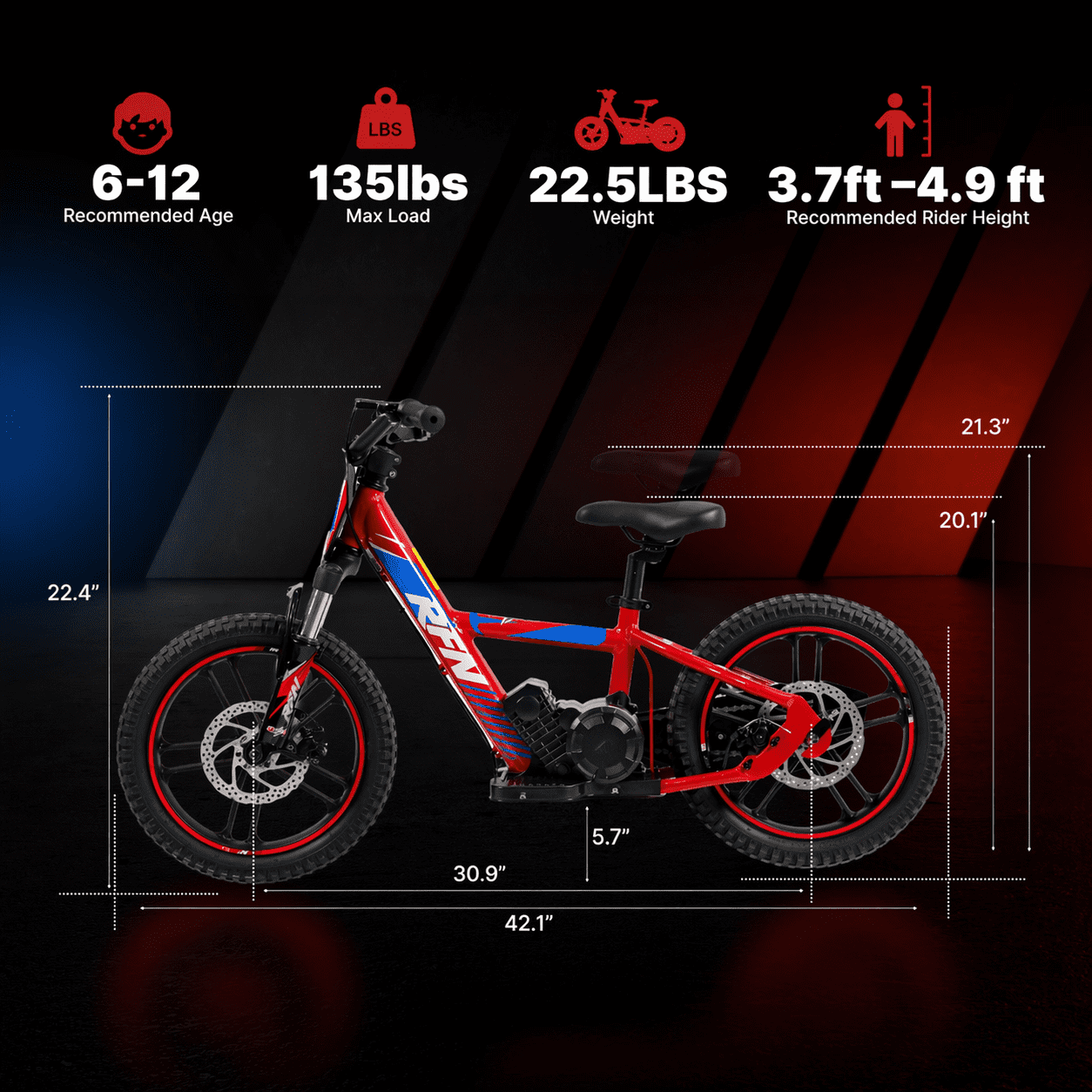 RFN Electric Dirt Bike for Kids, 500W Motor Off-Road E-Bike with 3 Speed Modes (Red, 16 in) k7d83
