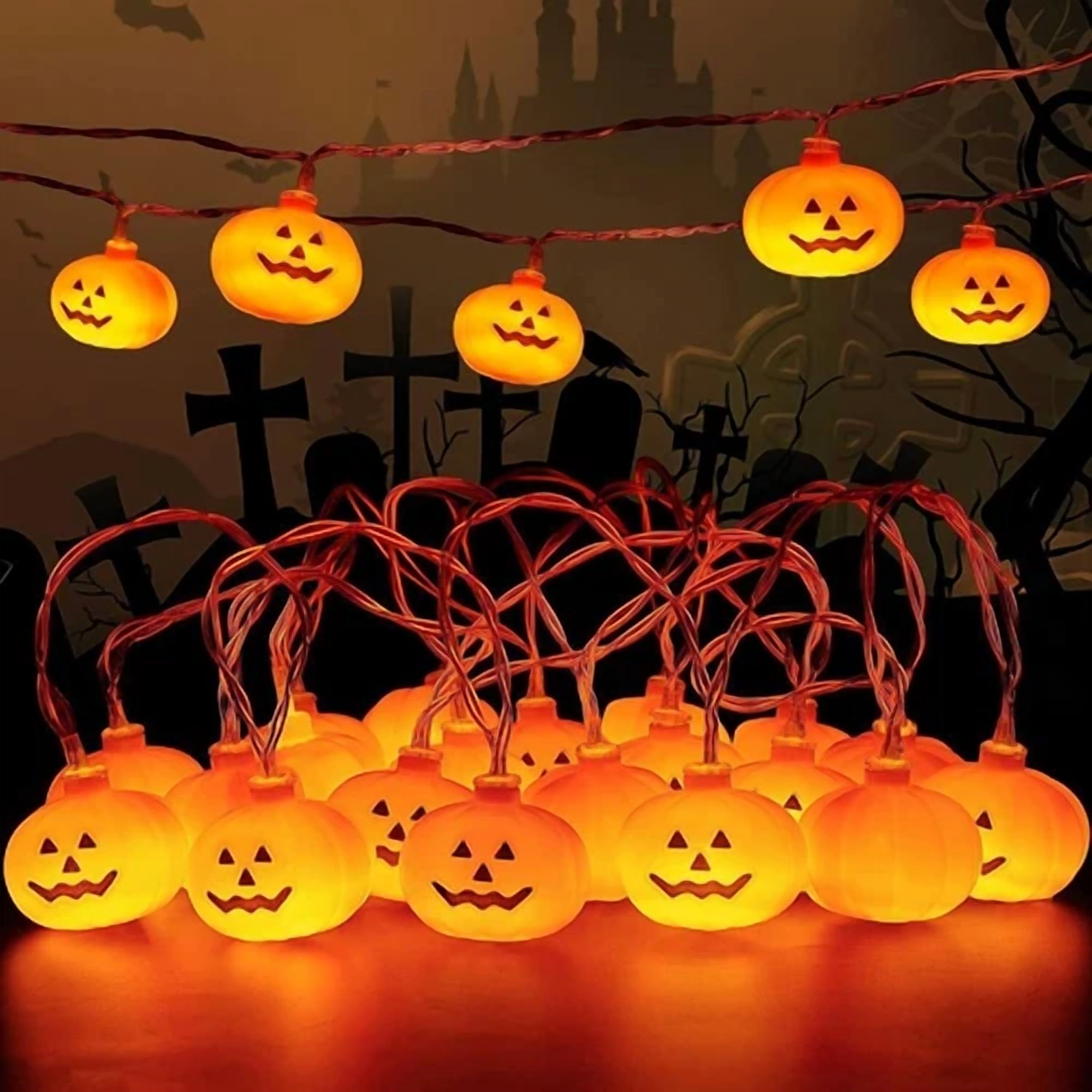 VAULT Halloween Pumpkin LED String Lights, Decorative Holiday Lighting with 8 Modes (Orange, 20 Count) py8xd