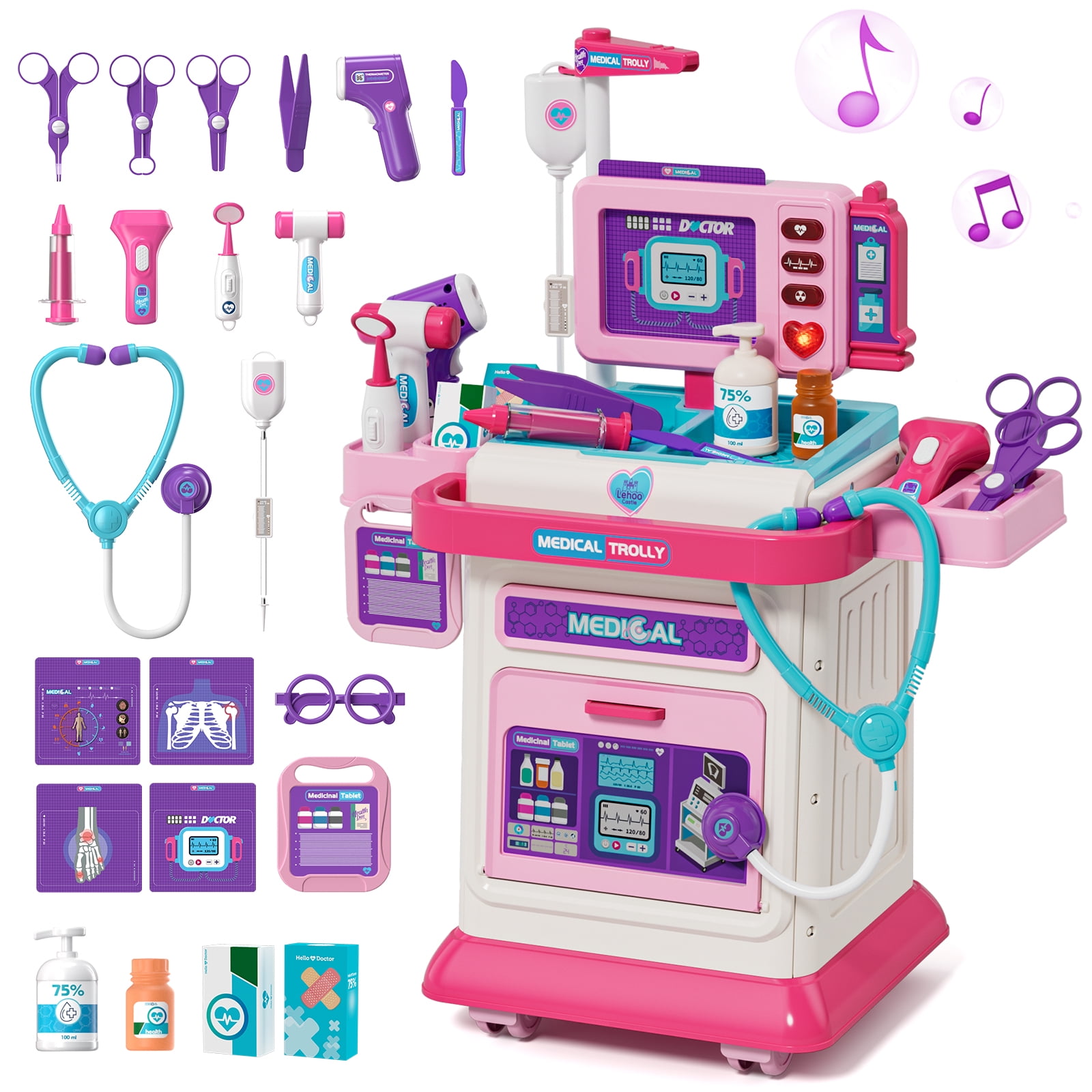 KWANITHINK Kids Doctor Play Cart with Realistic Light and Sound Effects, Pretend Medical Station Role Play Toy (Pink, 21.2 in x 16.9 in x 8 in) fkiqg