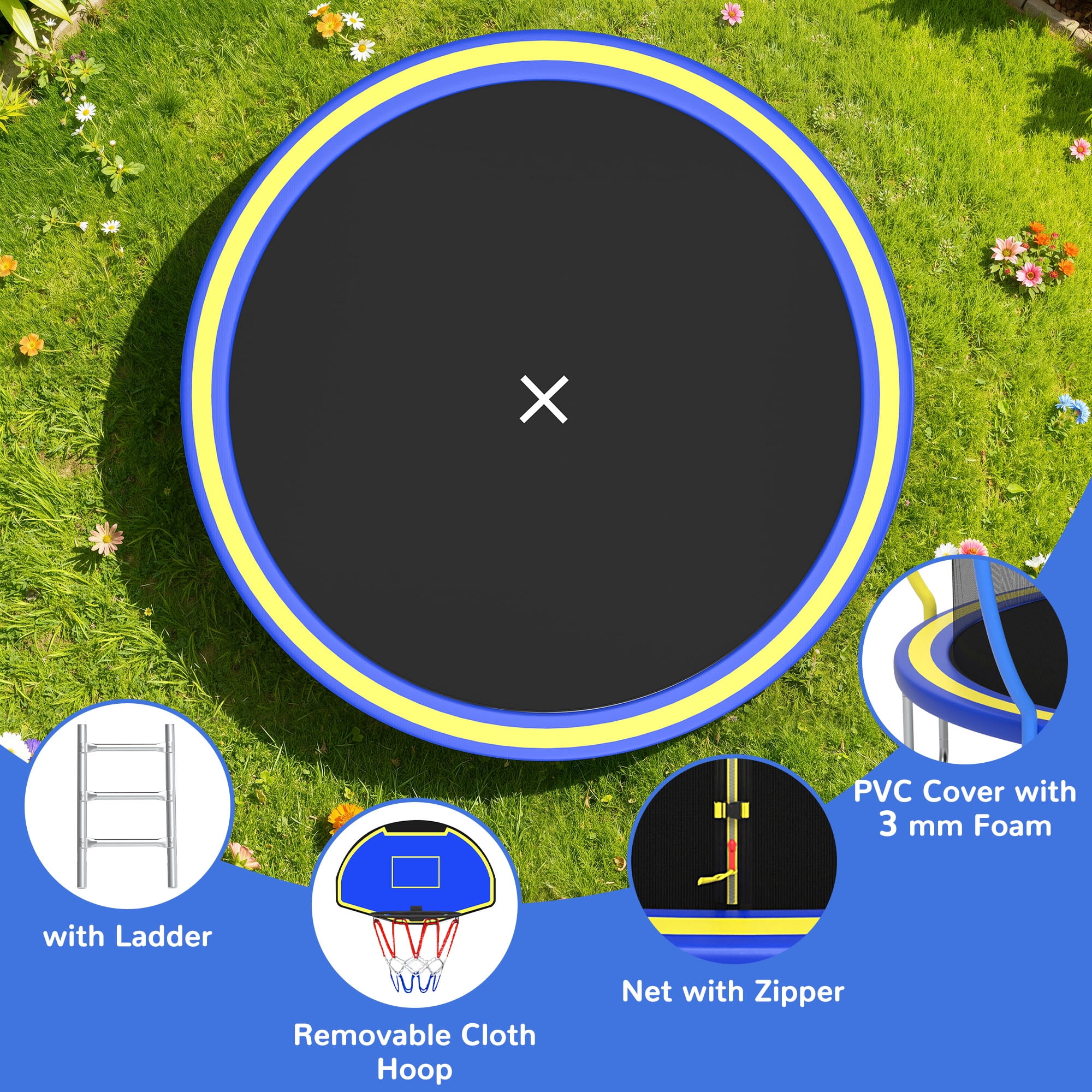 Seizeen 12 ft Round Trampoline with Enclosure Net, Basketball Hoop, Ladder, and Waterproof Cover (Blue, 12 ft) 3k4ac