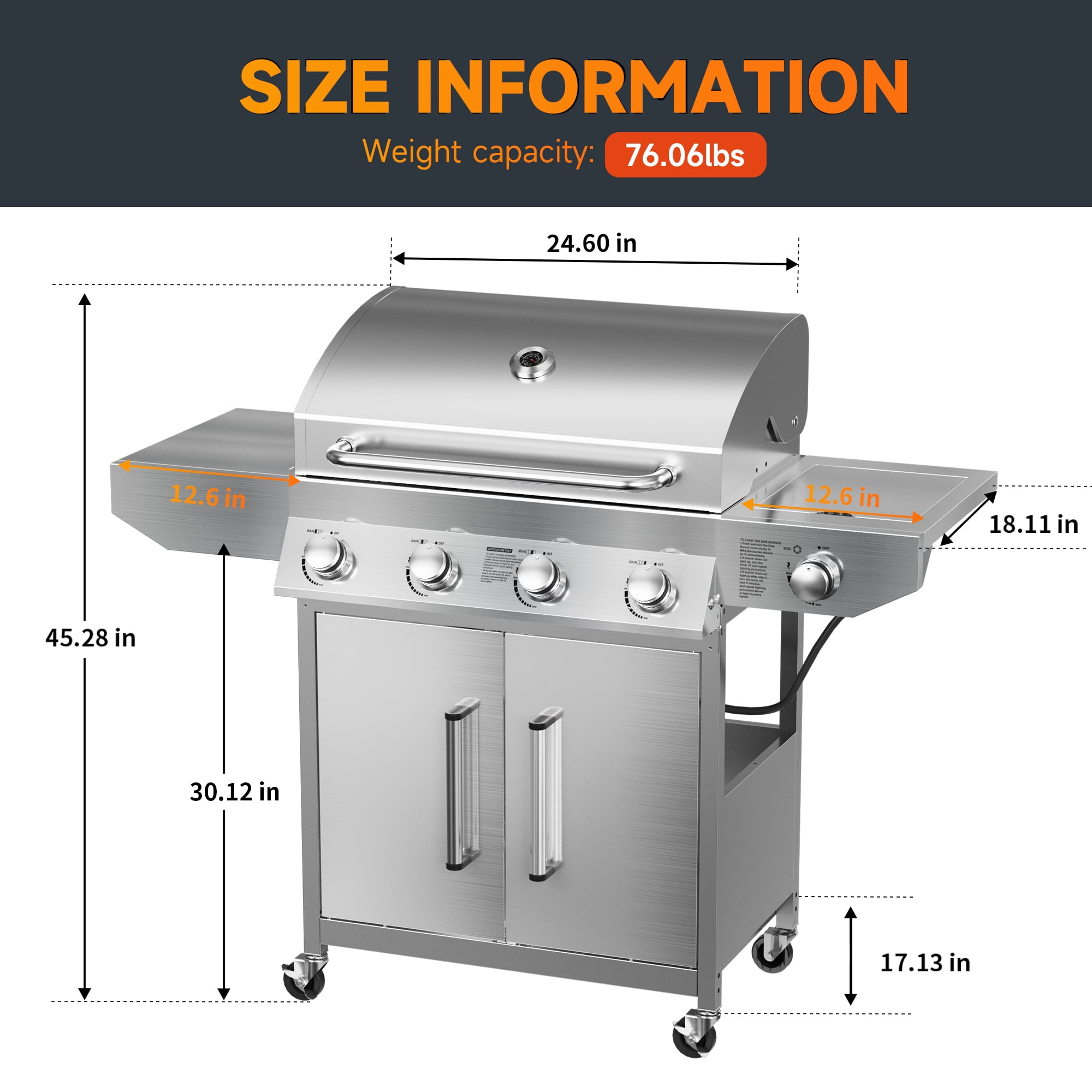 SKOK 4-Burner Gas Grill with Side Burner, Outdoor Propane Barbecue for Patio and Backyard (58,000 BTU, 393 sq.in Cooking Surface) 8a8uj