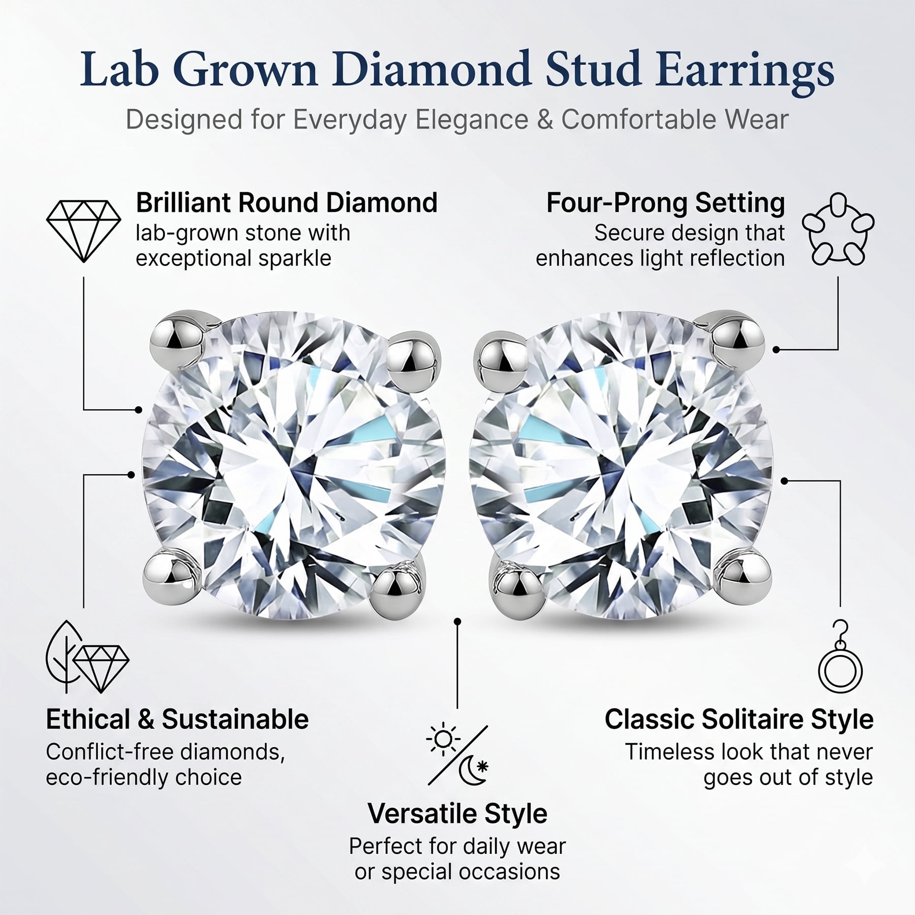 JeenMata Lab Grown Diamond Solitaire Stud Earrings Round Cut 18K White Gold Plated (White, 0.50 Carat) uzrzh