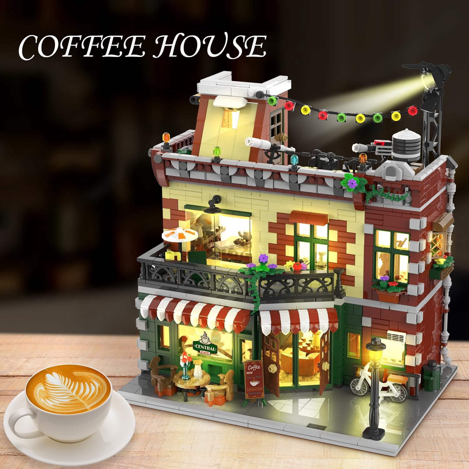 TERRAMUS Cafe Shop Building Kit with LED Light, City Street View Construction Set (1589 Pieces) pss5t