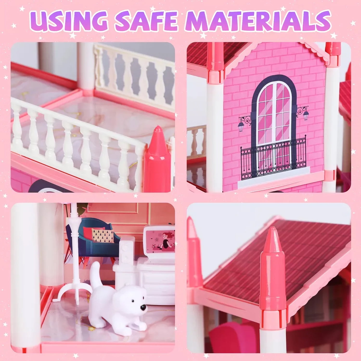 Lenbar 16-Room Dollhouse Playset with Furniture, Accessories, Colorful Lights and 3 Dolls (Pink) 7dbl9
