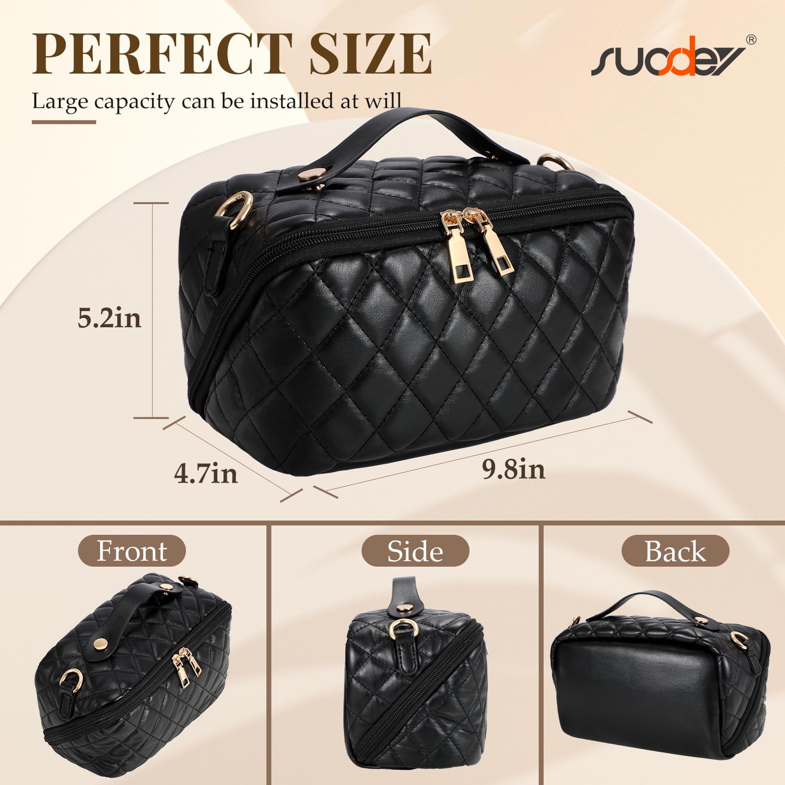 SUOSDEY 2-in-1 Crossbody Makeup Bag, Large Capacity Waterproof Leather Cosmetic Organizer (Black, 10 in x 7 in x 4 in) oj6sl