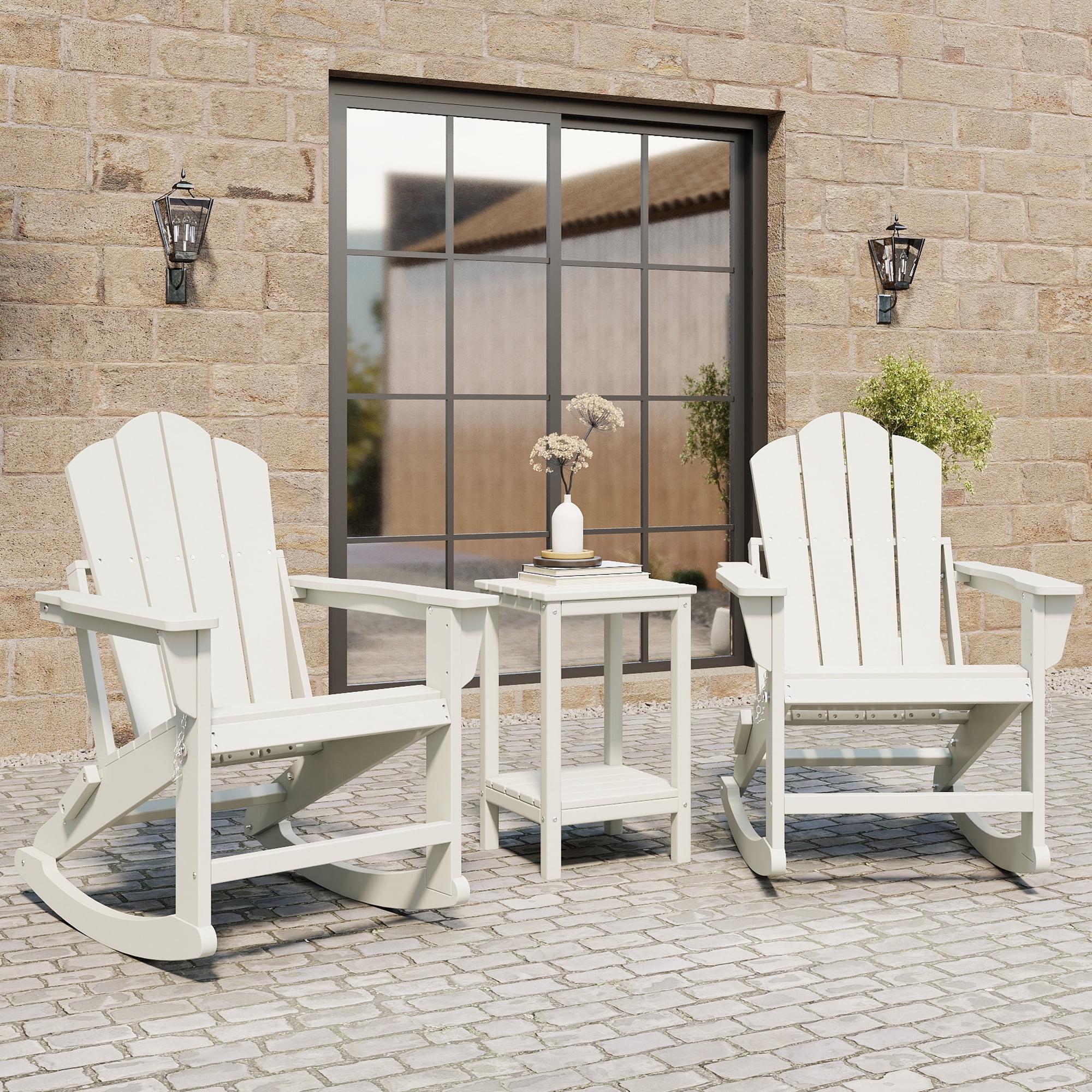 FOOWIN Folding Adirondack Rocking Chair Set (Weather-Resistant HDPE, White, 2-Pack) efjyn