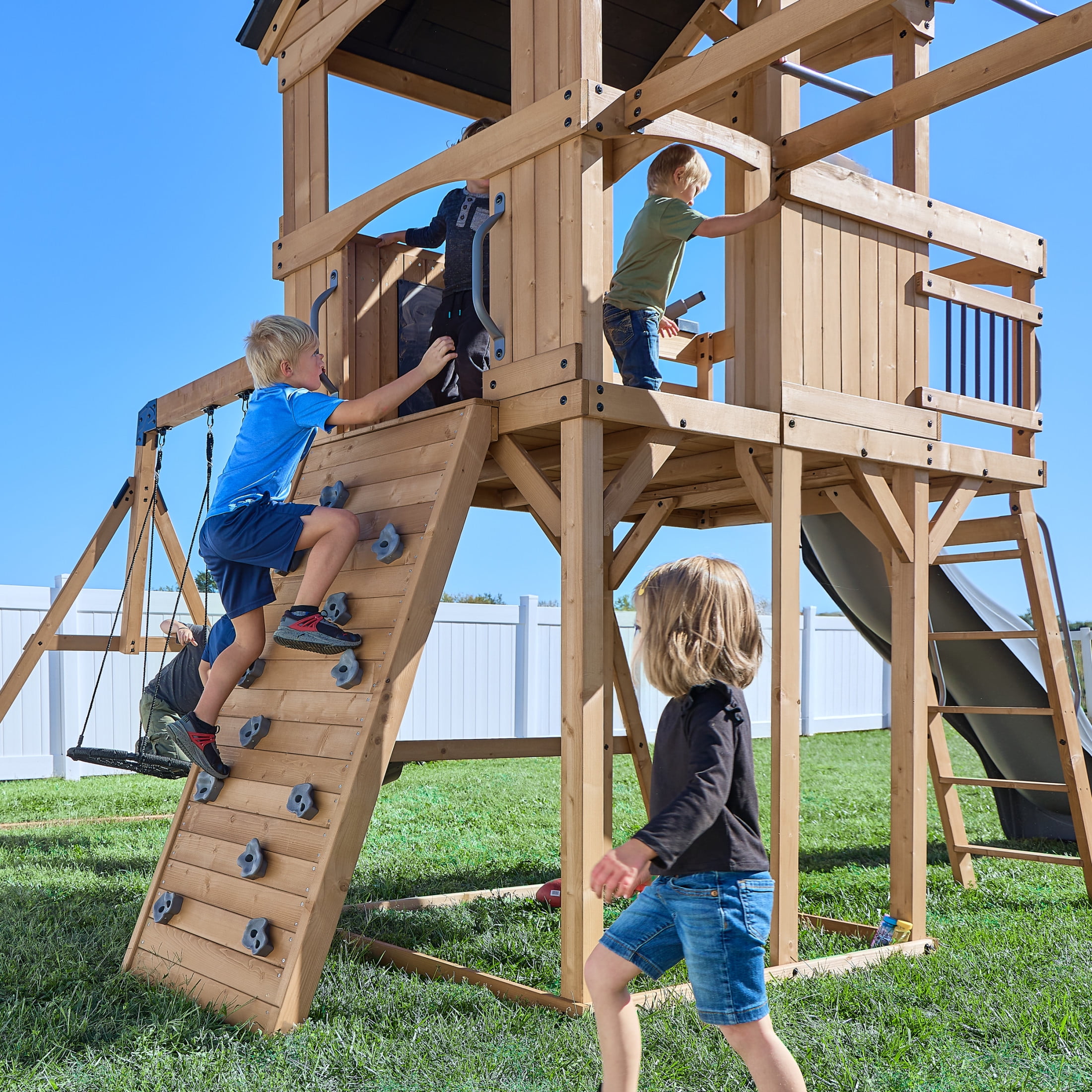 Backyard Discovery Dover Bay Spruce Swing Set with Clubhouse, Slide, Monkey Bars, and Rock Wall (Brown, 19.5 ft x 11.5 ft) 054gx