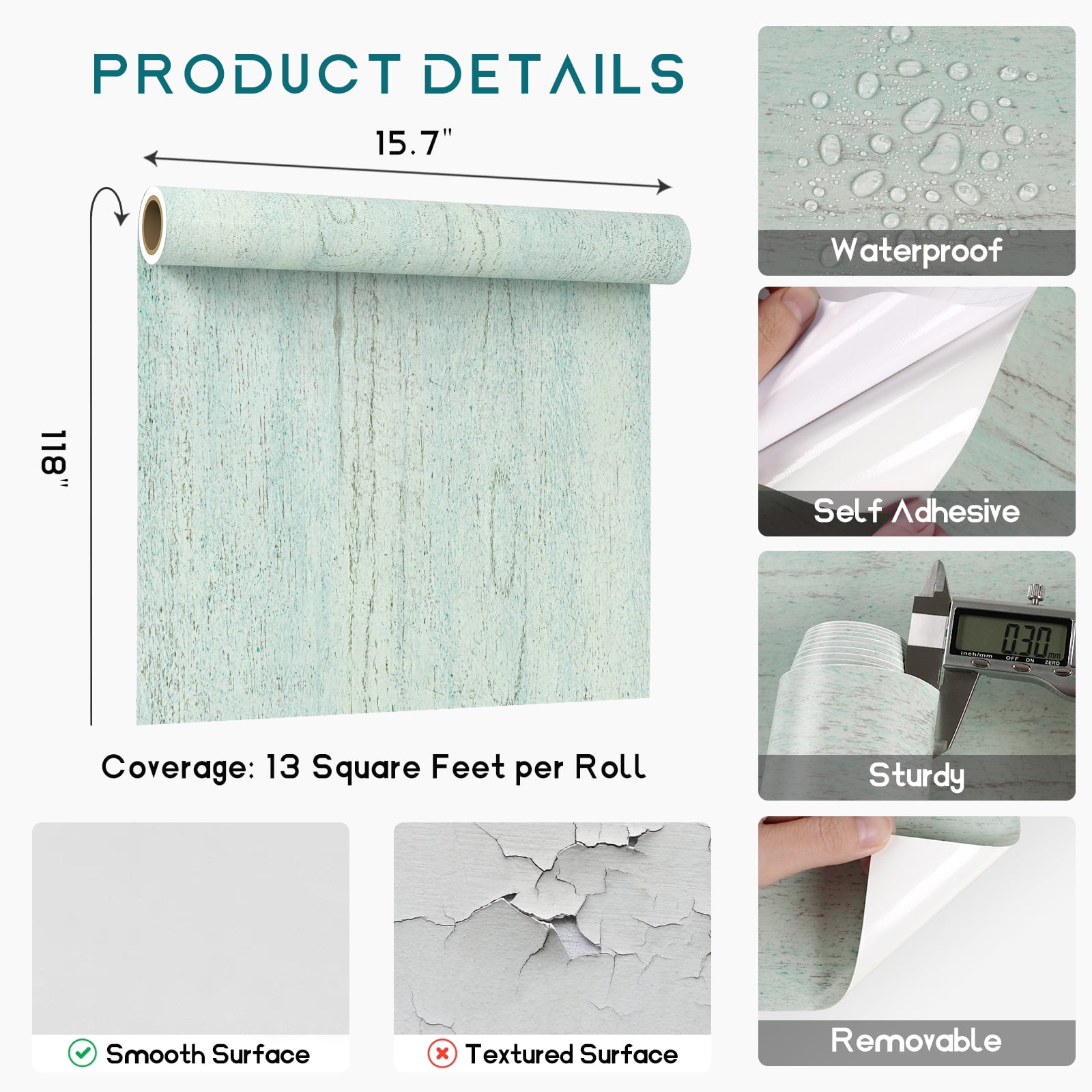 VEELIKE Aqua Wood Peel and Stick Wallpaper, Removable Adhesive Contact Paper for Furniture and Countertops (Green, 15.7 in x 118 in) 0j01c