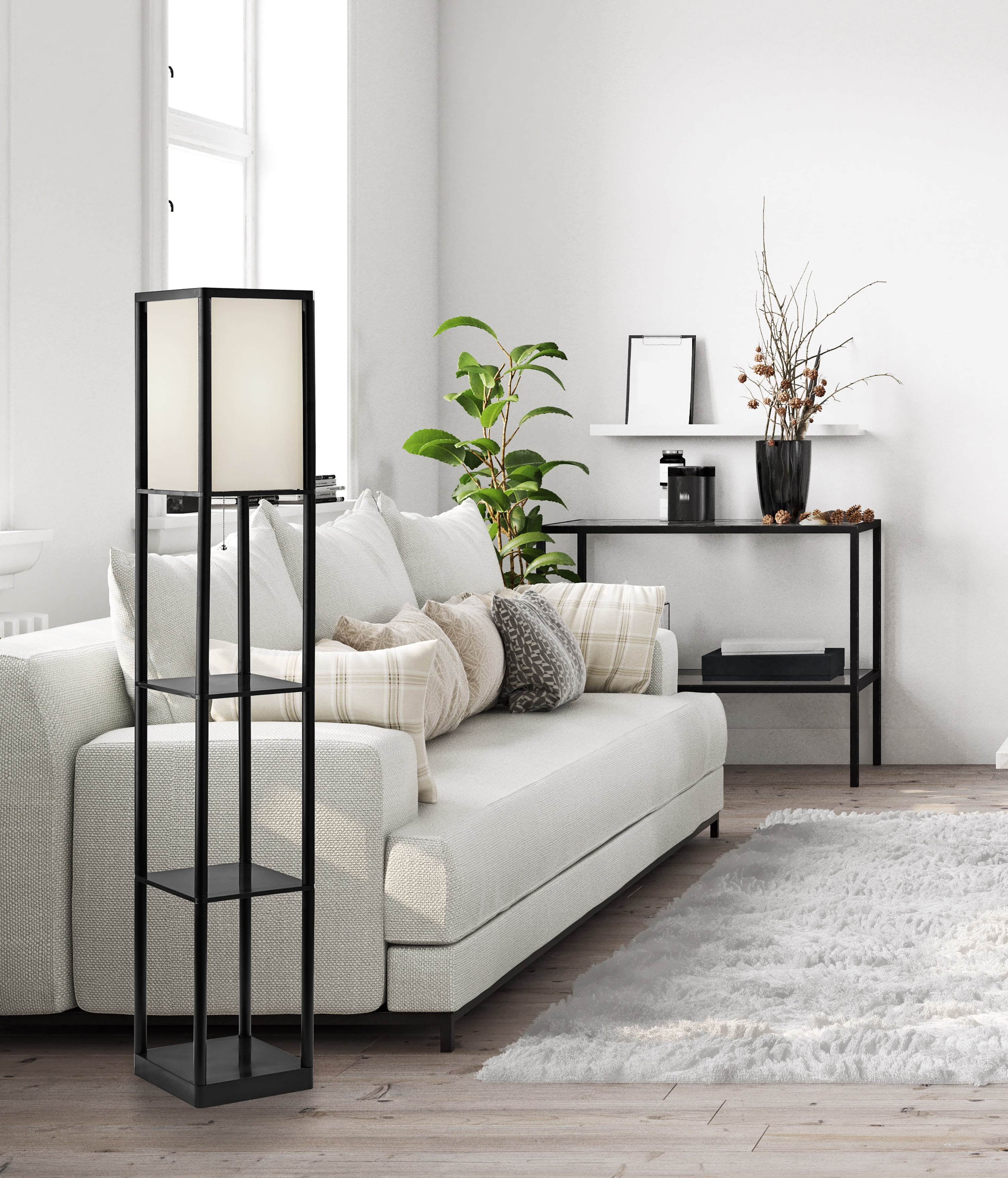 Mainstays Floor Lamp with Storage Shelves and Fabric Shade (Black, 62 in) wfgvd