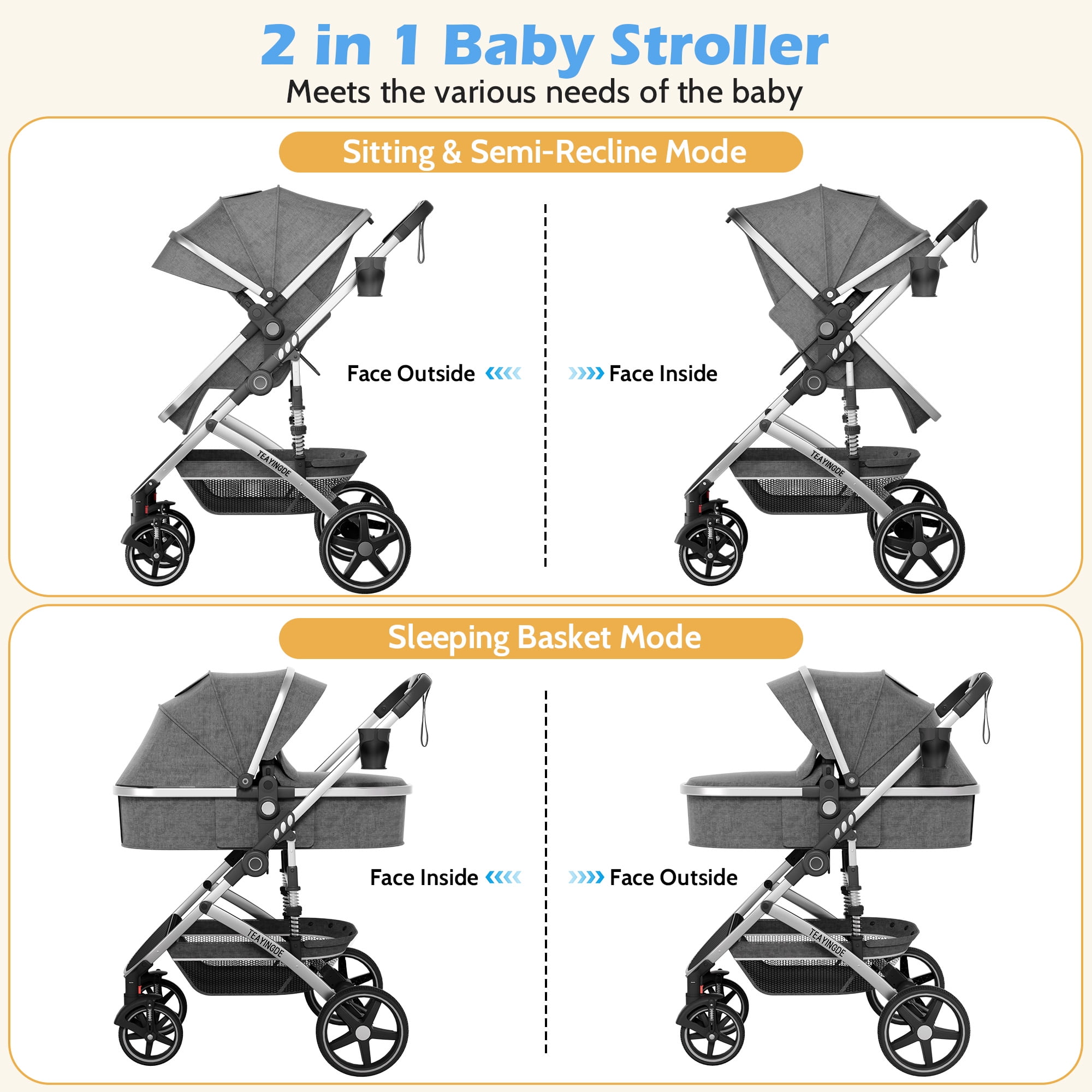 babyeap 2-in-1 Foldable Baby Stroller, Lightweight Reversible Bassinet Carriage with Storage & Cup Holder (Gray, 23 x 24 x 42 in) 9ivpa
