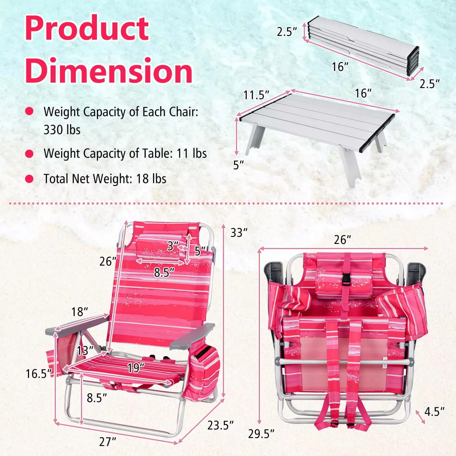 Auranook 2-Pack Folding Backpack Beach Chair Set with Side Table (Pink, 5-Position Reclining) mudv9