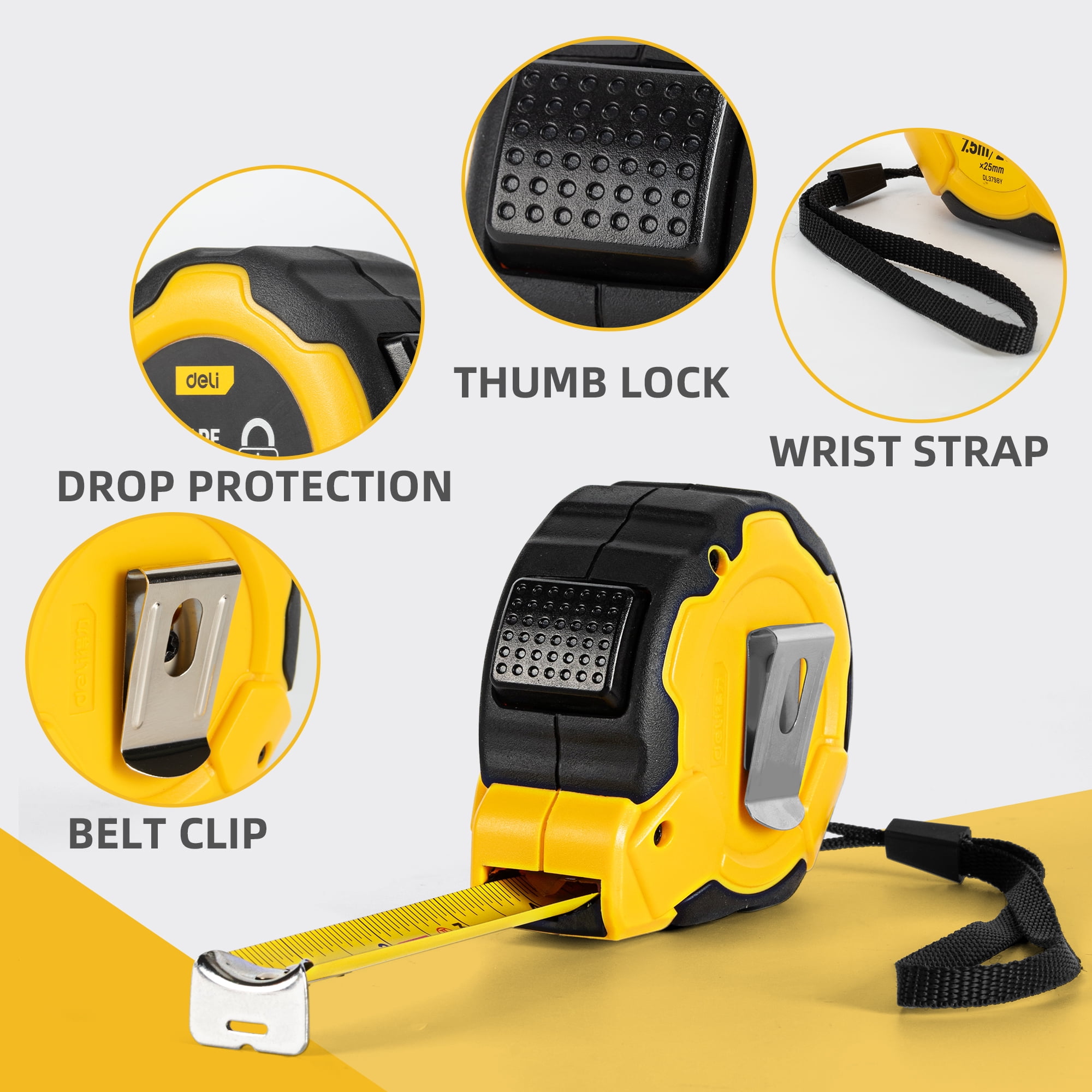Deli Auto-Lock Steel Tape Measure, Heavy-Duty Retractable Measuring Tool with Rubberized Grip (Yellow, 25 ft) yani5