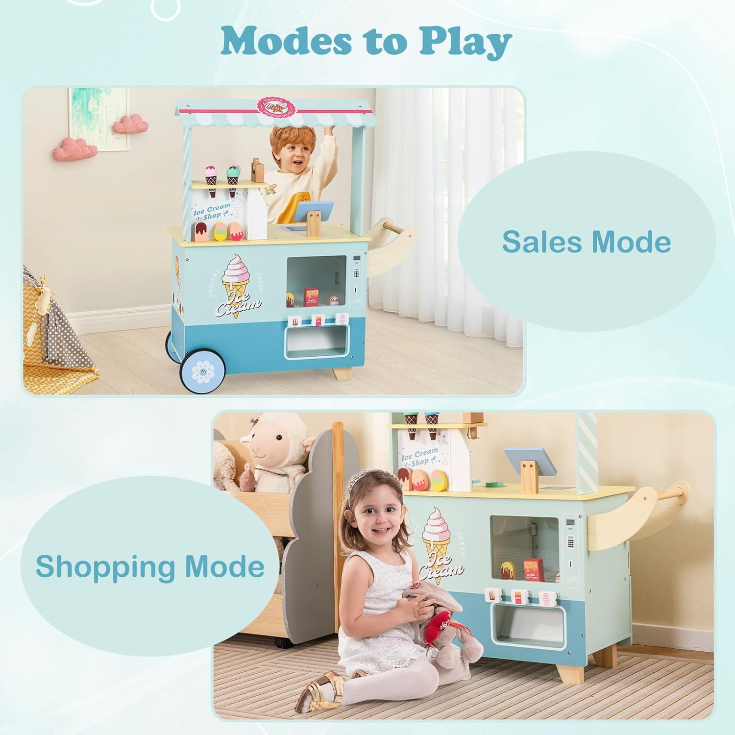 Olakids Wooden Grocery Store Marketplace Toy, Pretend Play Market Stand with Cash Register and 30 Accessories (Green, 35 in x 24 in x 45 in) f68wx