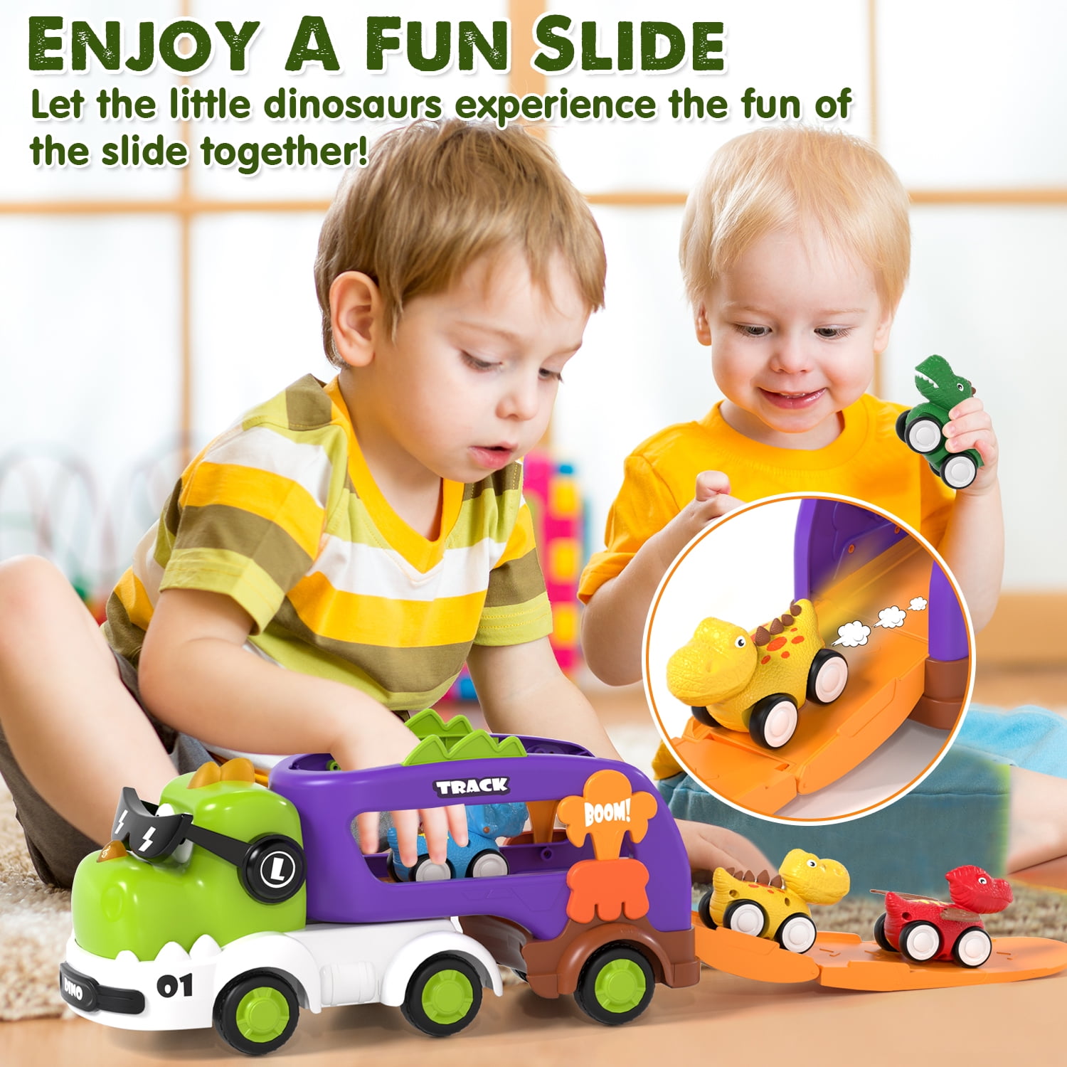 KWANITHINK Dinosaur Carrier Truck Toy Set with Lights and Sounds, Pull Back Mini Cars for Toddlers (Green, 12.38 in x 4.72 in x 5.31 in) fv1xm