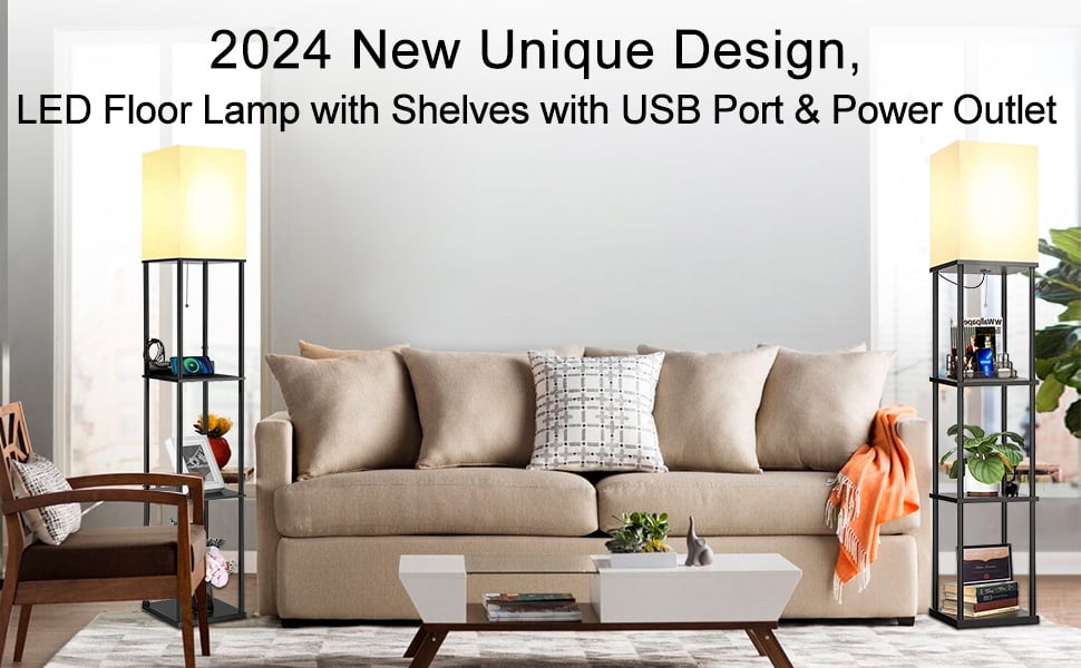NUNET Floor Lamp with Shelves, 3-Tier Storage Organizer, 2AC Outlets & 2USB Ports, 3 Color Temperature LED (White, 2PK) 0dd17
