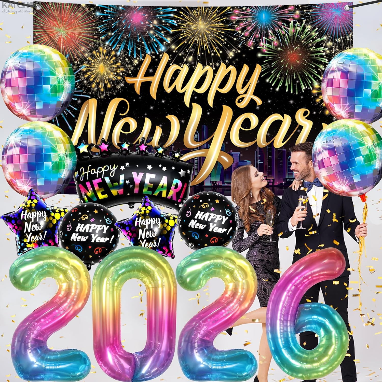 KatchOn New Year Eve Party Decorations 2026 Set (Rainbow, 72x44 in Banner) htngf